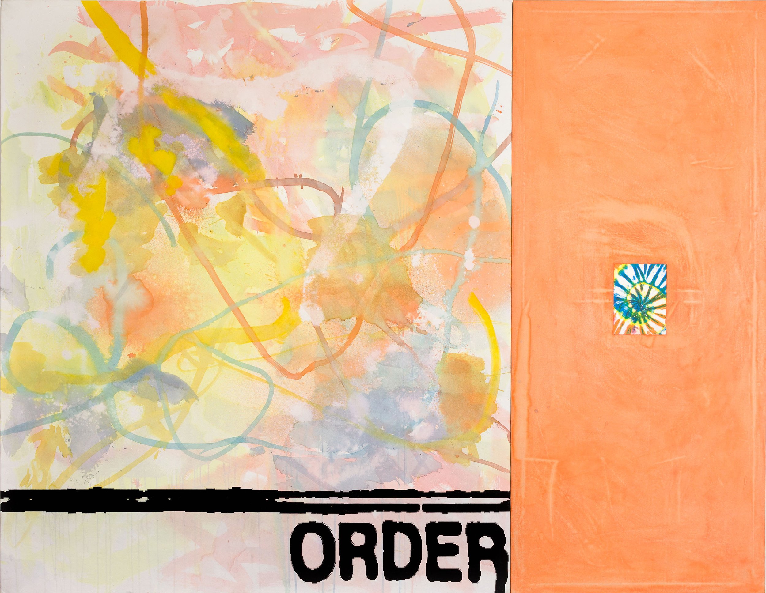   AJ Kahn,   Order_4_60's , 2022, Ink, silkscreen, and bleach on canvas, 72 x 90 in, 182.9 x 228.6 cm 