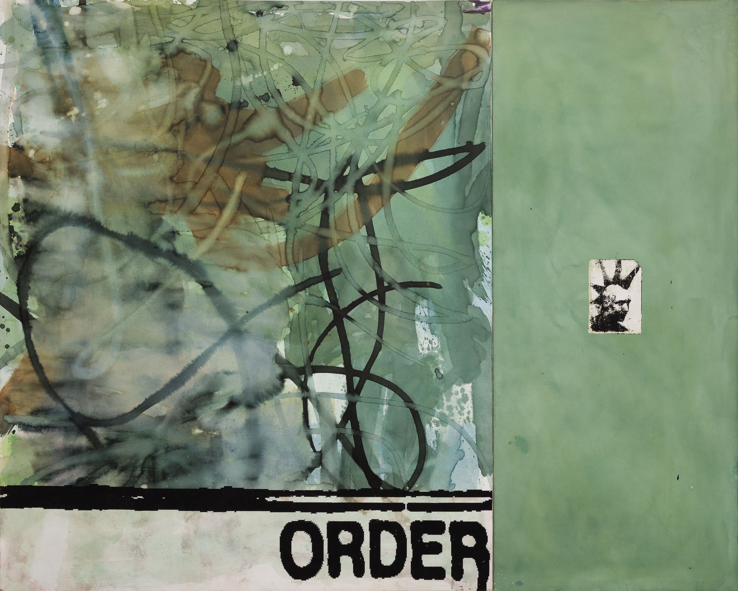   AJ Kahn,   Order_1_CrustKid , 2021, Ink, silkscreen, and bleach on canvas, 72 x 90 in, 182.9 x 228.6 cm. 