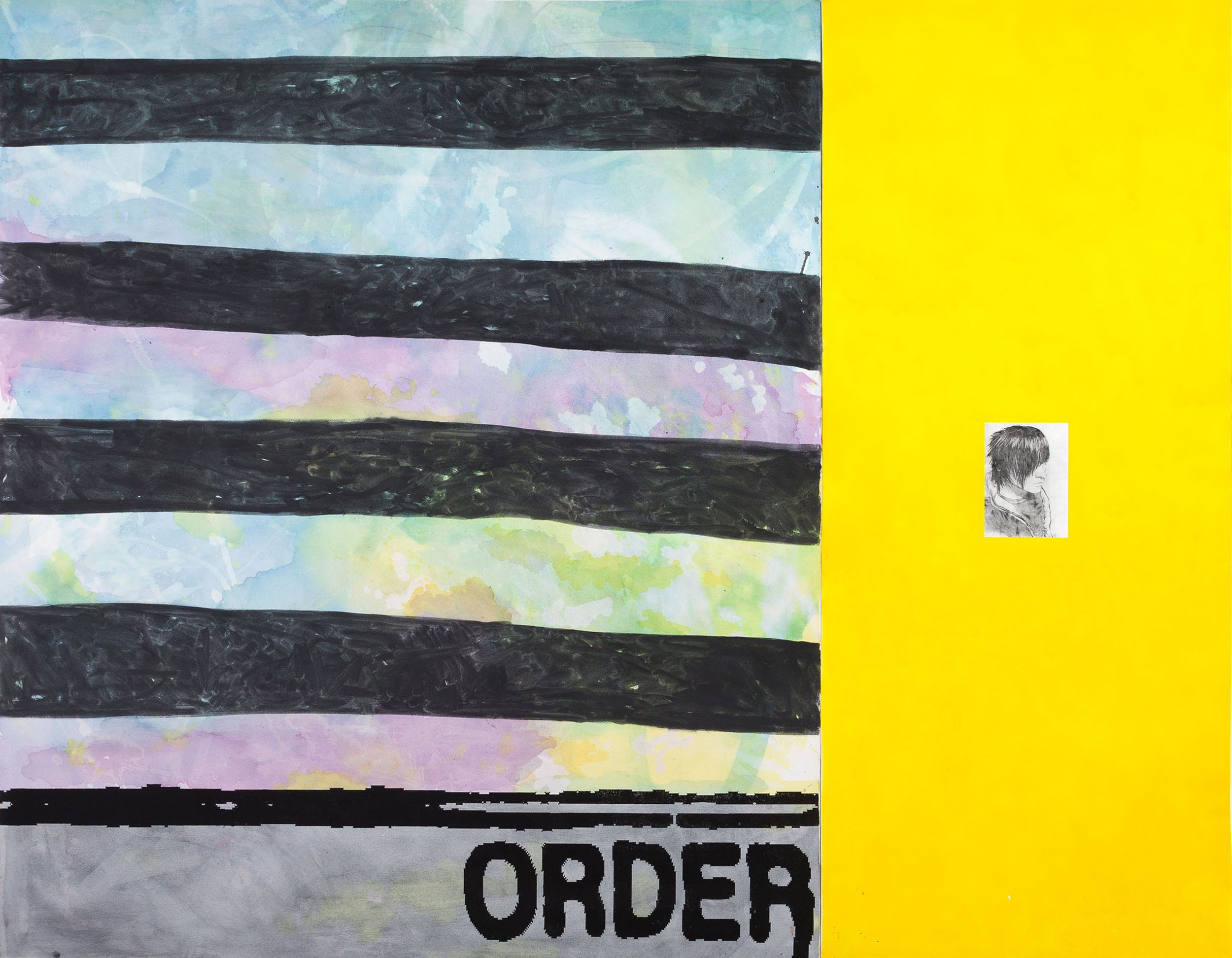   AJ Kahn,   Order_3_RawrXD , 2022, Ink, silkscreen, and charcoal on canvas, 72 x 90 in, 182.9 x 228.6 cm 