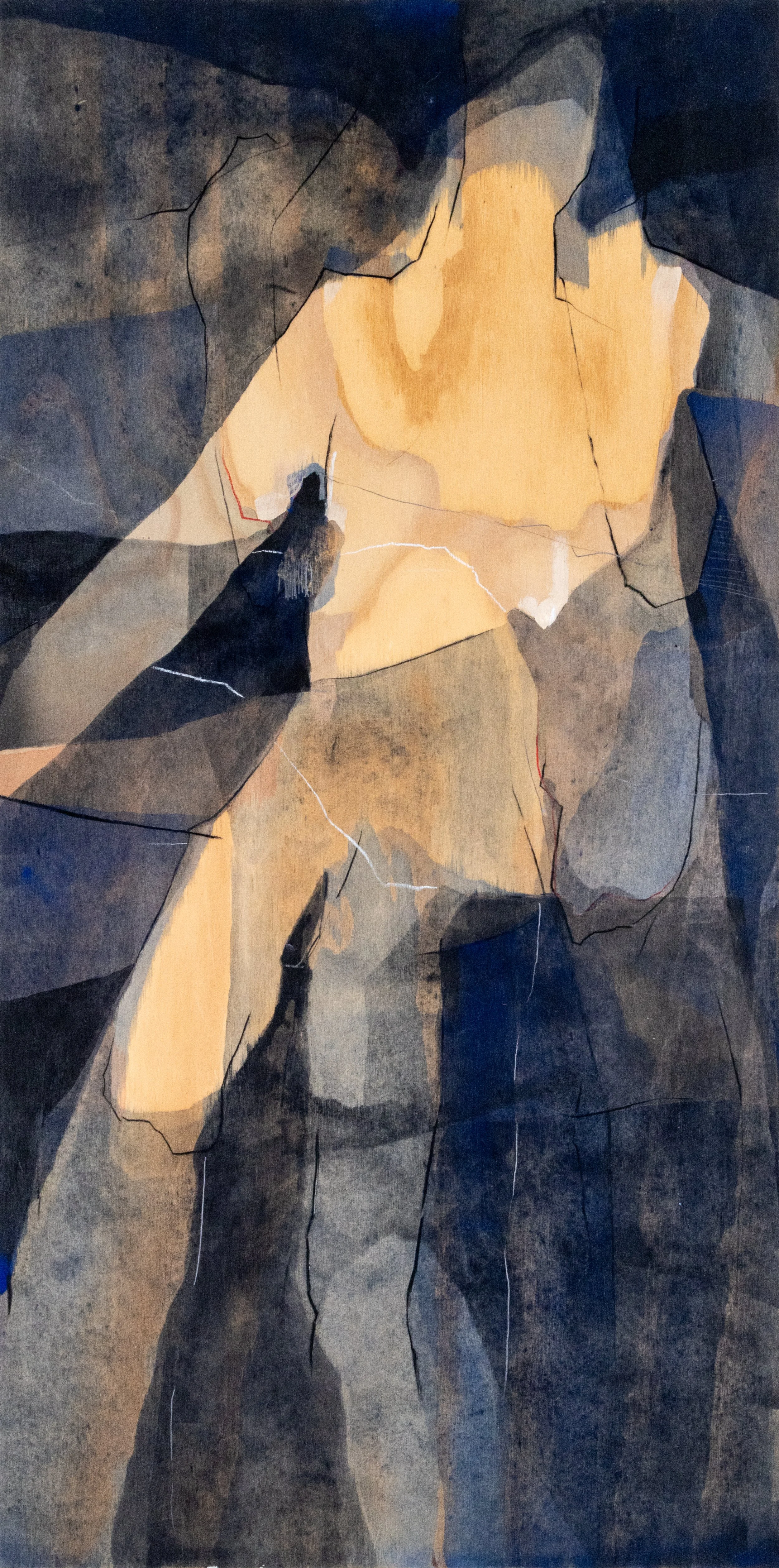   Multiple Stages of Grace,  2025, acrylic, charcoal, conte crayon, and graphite on wood, 24×48” 