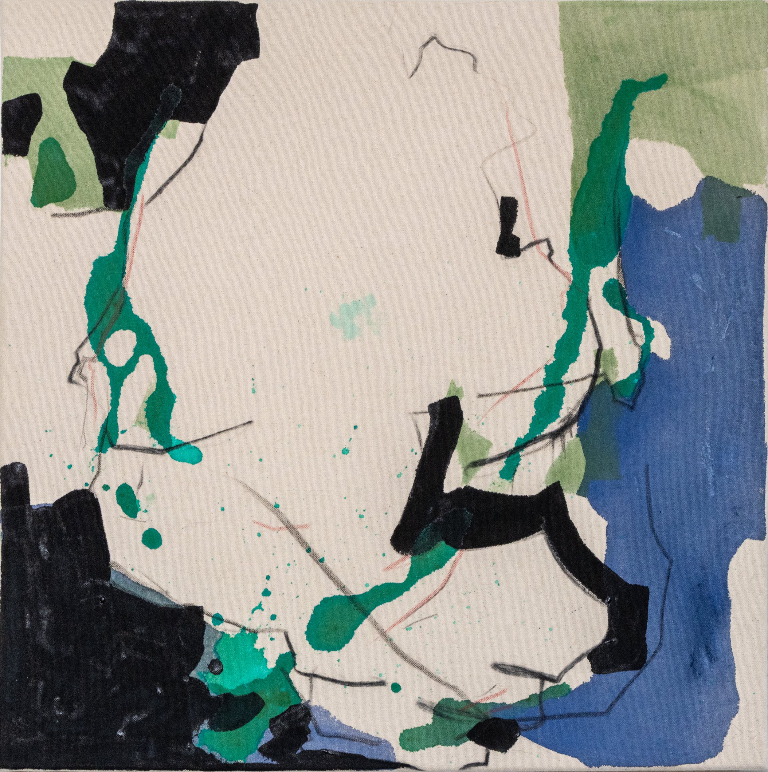   Port Side,  2026, acrylic, charcoal, conte crayon, and graphite on canvas, 20×20” 