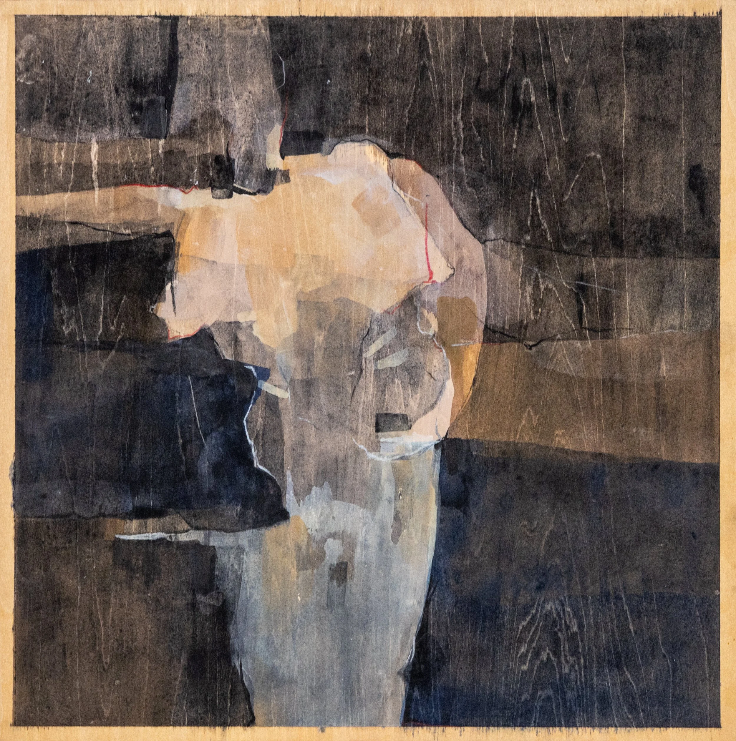   Born Stable States,  2022, acrylic, charcoal, conte crayon, and graphite on wood, 12×12” 