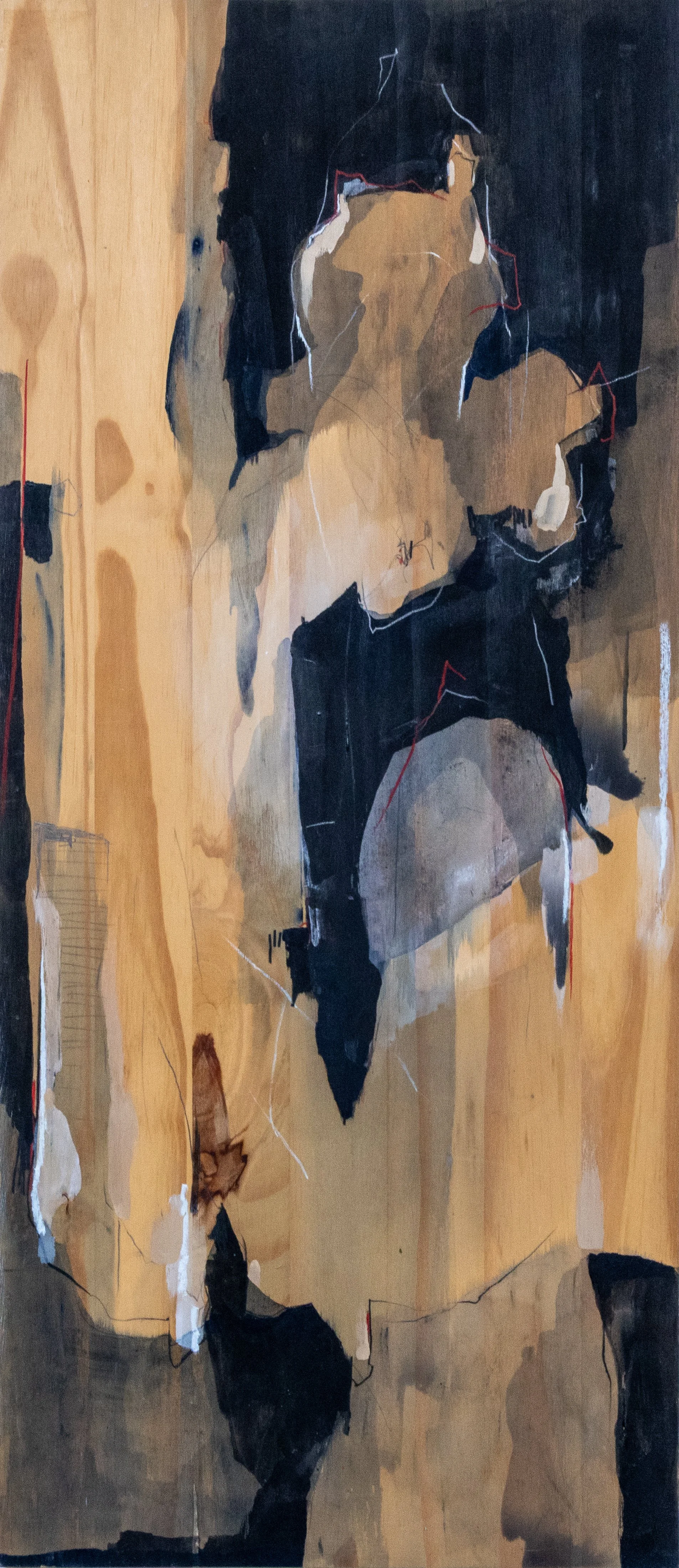   New Growth, Old Tree.  2024, acrylic, conte crayon, charcoal, and graphite on wood, 36×16” 