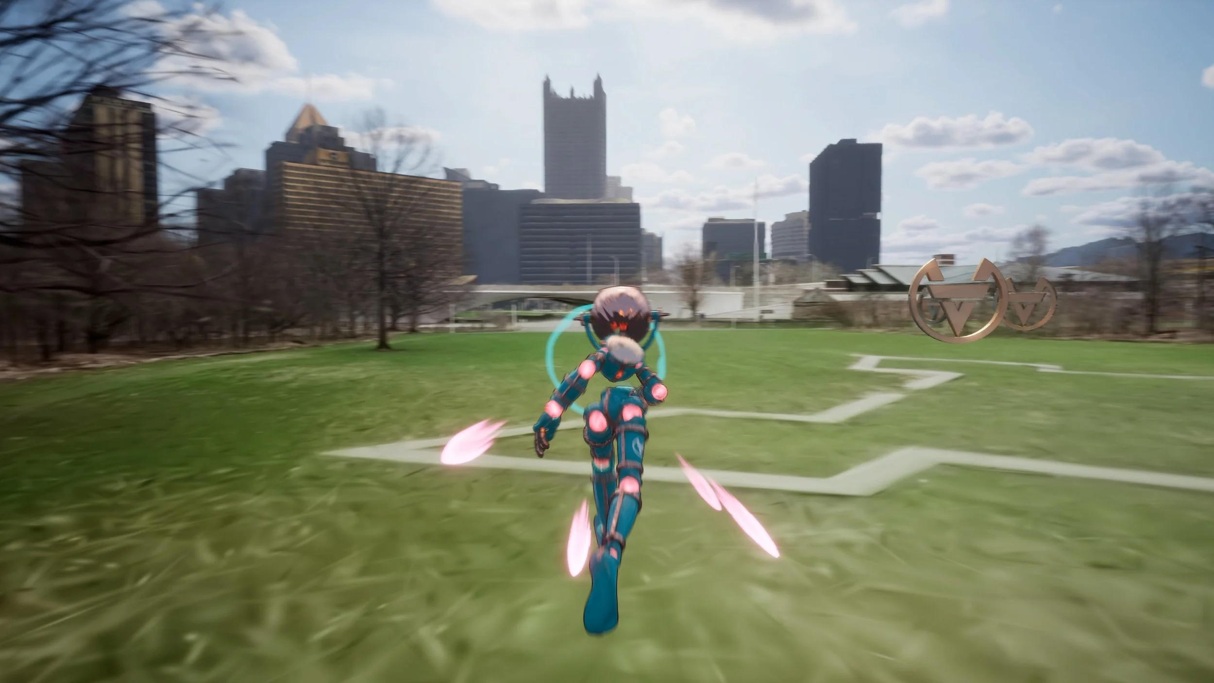 A person in a futuristic, armored suit running across a grassy field in a video game environment, with a city skyline in the background and a floating metallic emblem on the right.