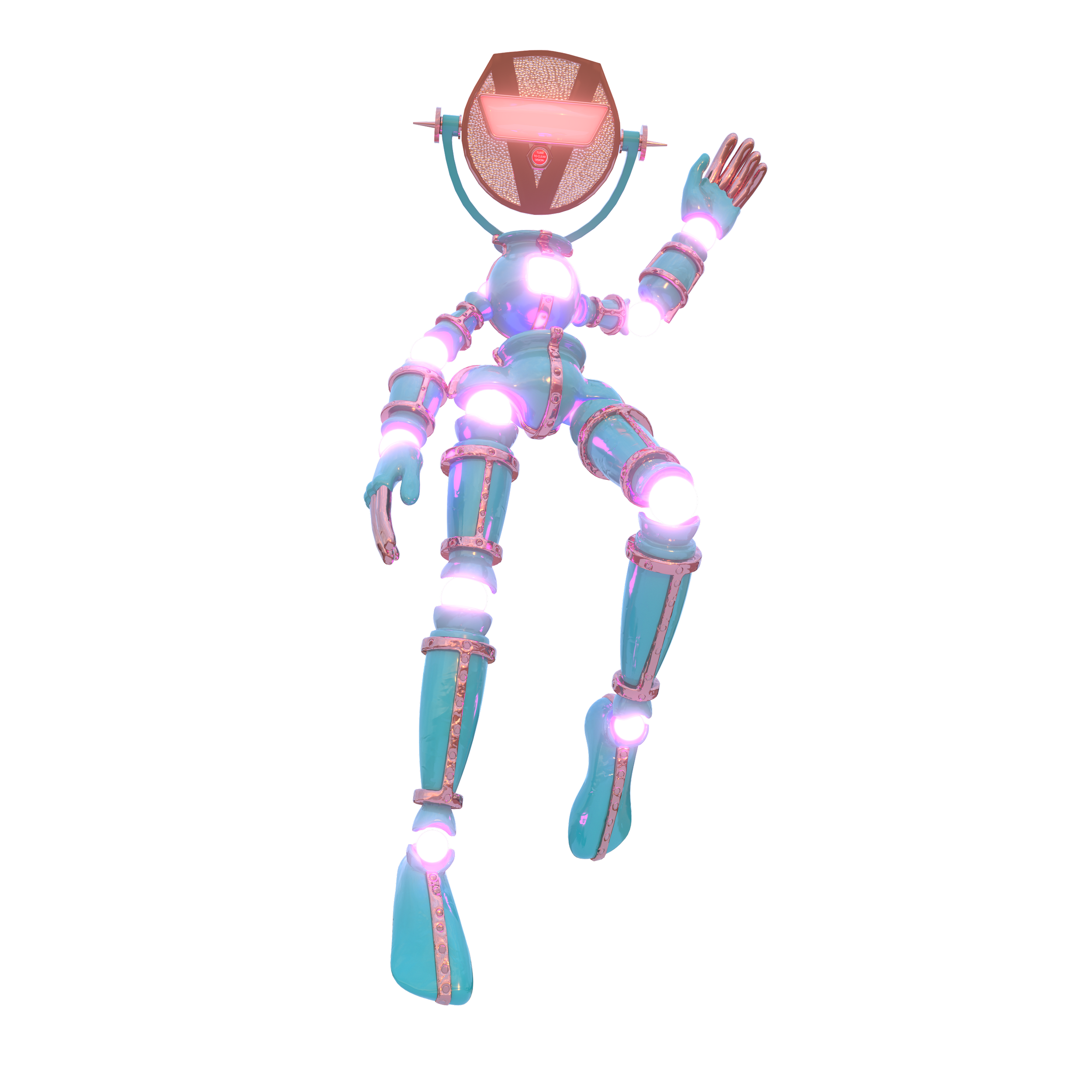 A humanoid robot with a futuristic design, illuminated with pink and purple lights, waving its right hand.