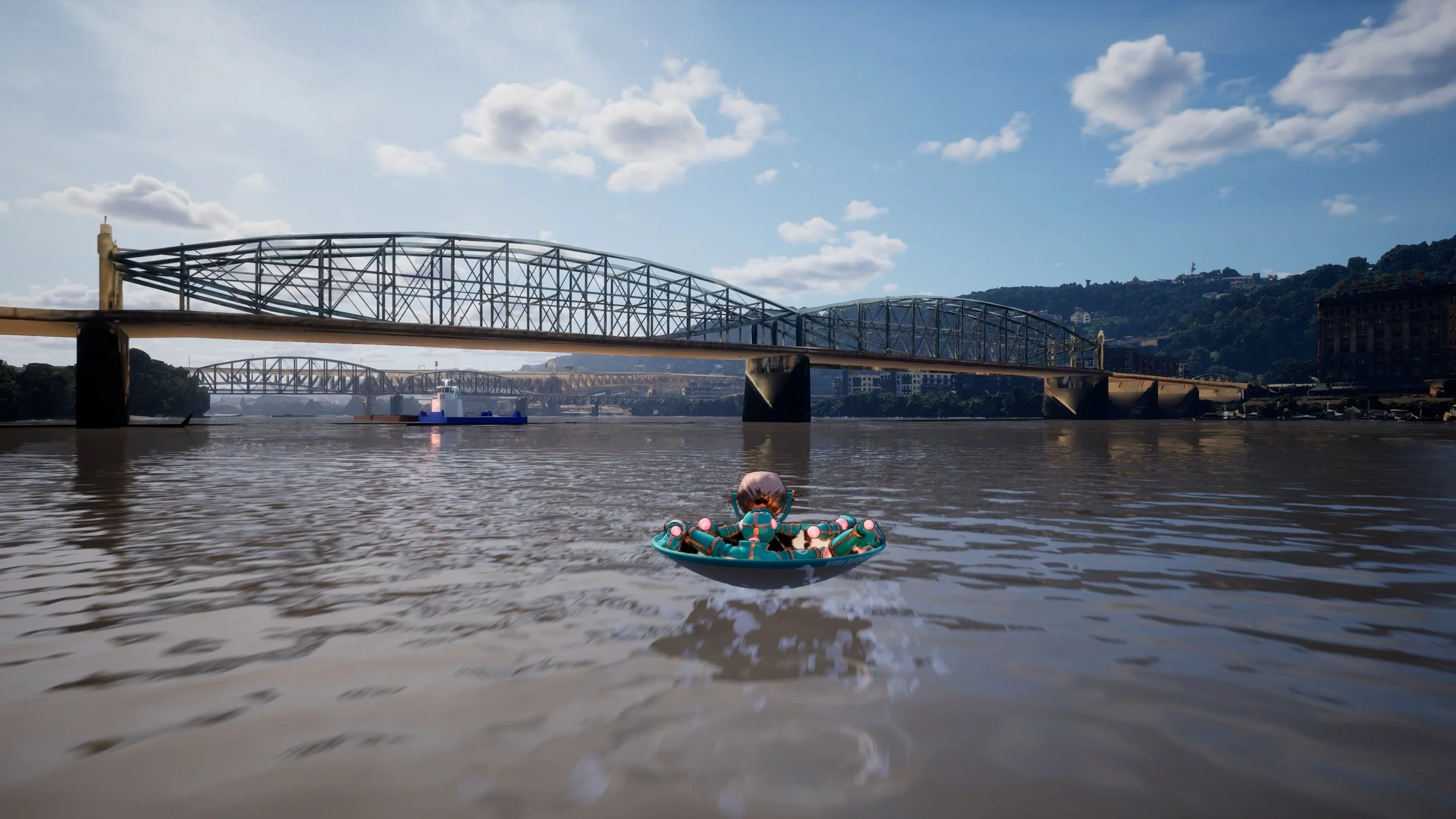 A person in a boat on a river, with multiple bridges crossing the water and hills with trees and buildings in the background, under a partly cloudy sky.