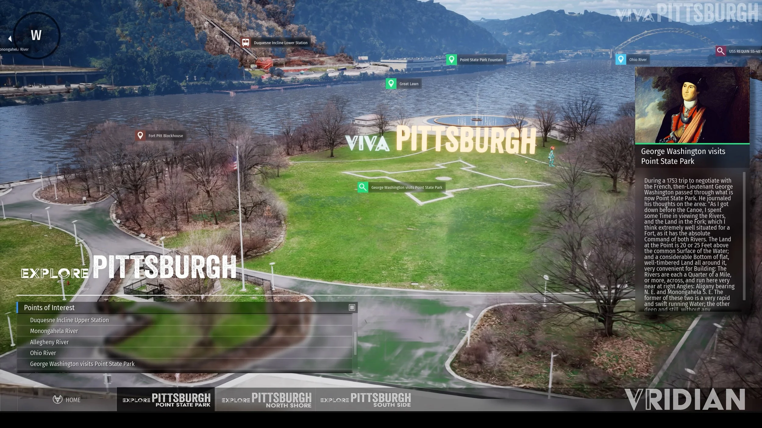 A digital map of Point State Park in Pittsburgh, showing the Ohio River, Monongahela River, and Allegheny River, with points of interest including Duquesne Incline Lower Station, Fort Pitt Blockhouse, and the USS Requin submarine. Text overlay reads "VIVA PITTSBURGH" and "EXPLORE PITTSBURGH" with a sidebar about George Washington's visit to the park.