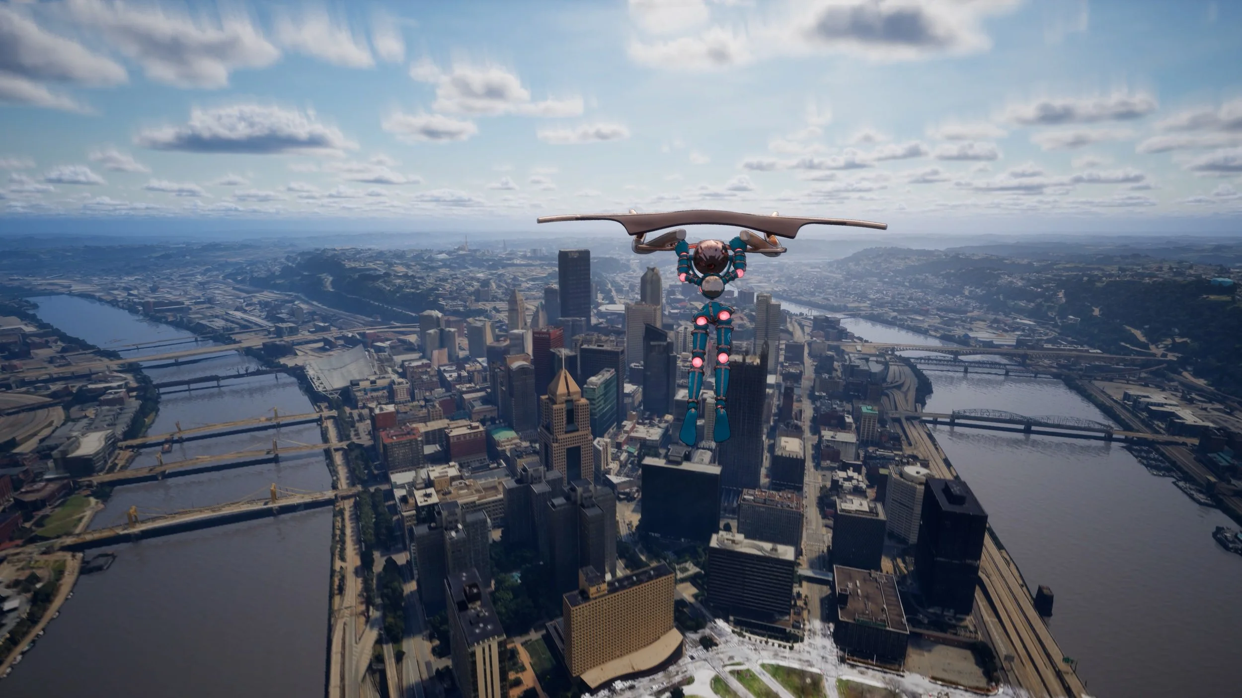 A robot holding a skateboard is flying above a cityscape with tall buildings and bridges, with a river running through the city and a cloudy sky overhead.