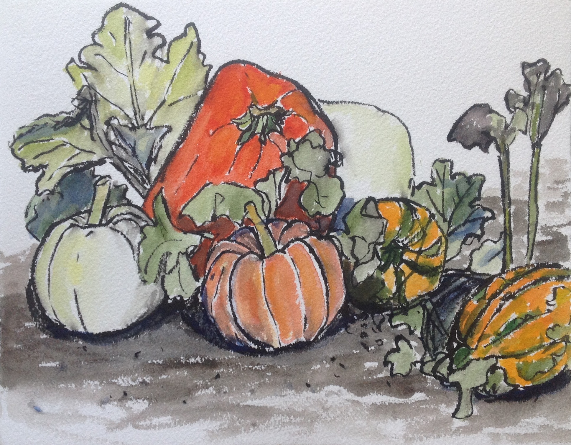 In the cooler fall temperatures, my ink wasn't drying as quickly as usual so I got some interesting bleeding effects that I think gives this painting a bit of a spooky look!