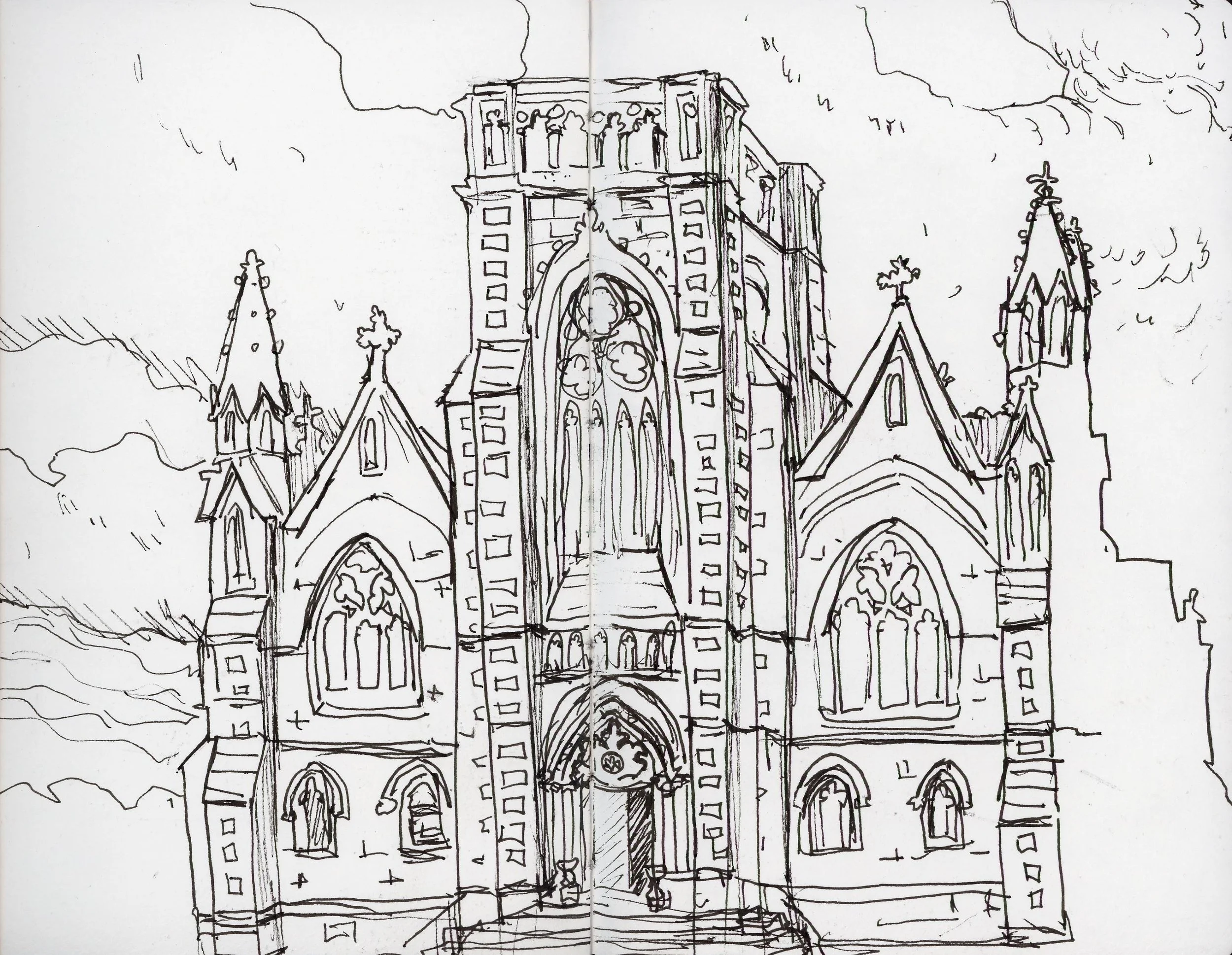 This drawing got made because we made a miscalculation about when our train back to Dublin left and I got a spare hour to sketch this Gothic beauty that was across the street from the station.