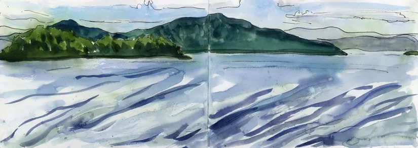 The view from the end of the dock. The extra green in the water in the sky is from where the paint bleed from a rogue wave encounter I’ll talk about below. It actually looks pretty good.