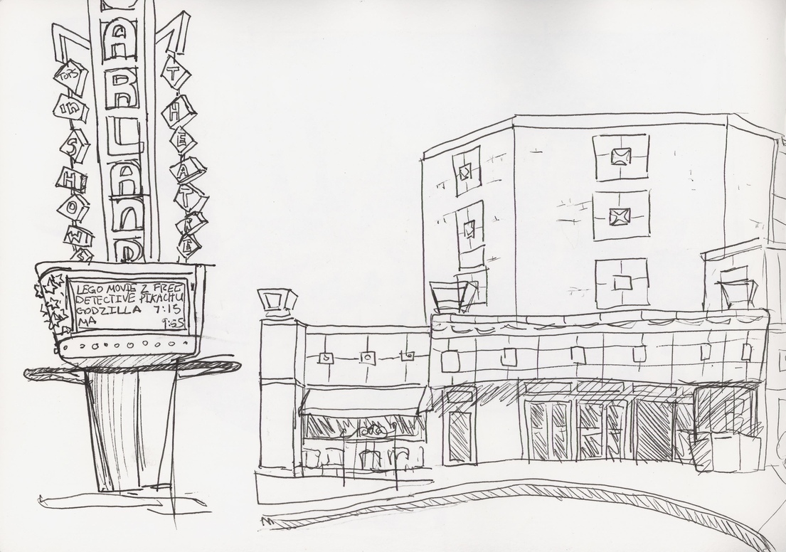 Demonstrating how trick it is to draw the Garland Theater sign at last week’s class, haha!