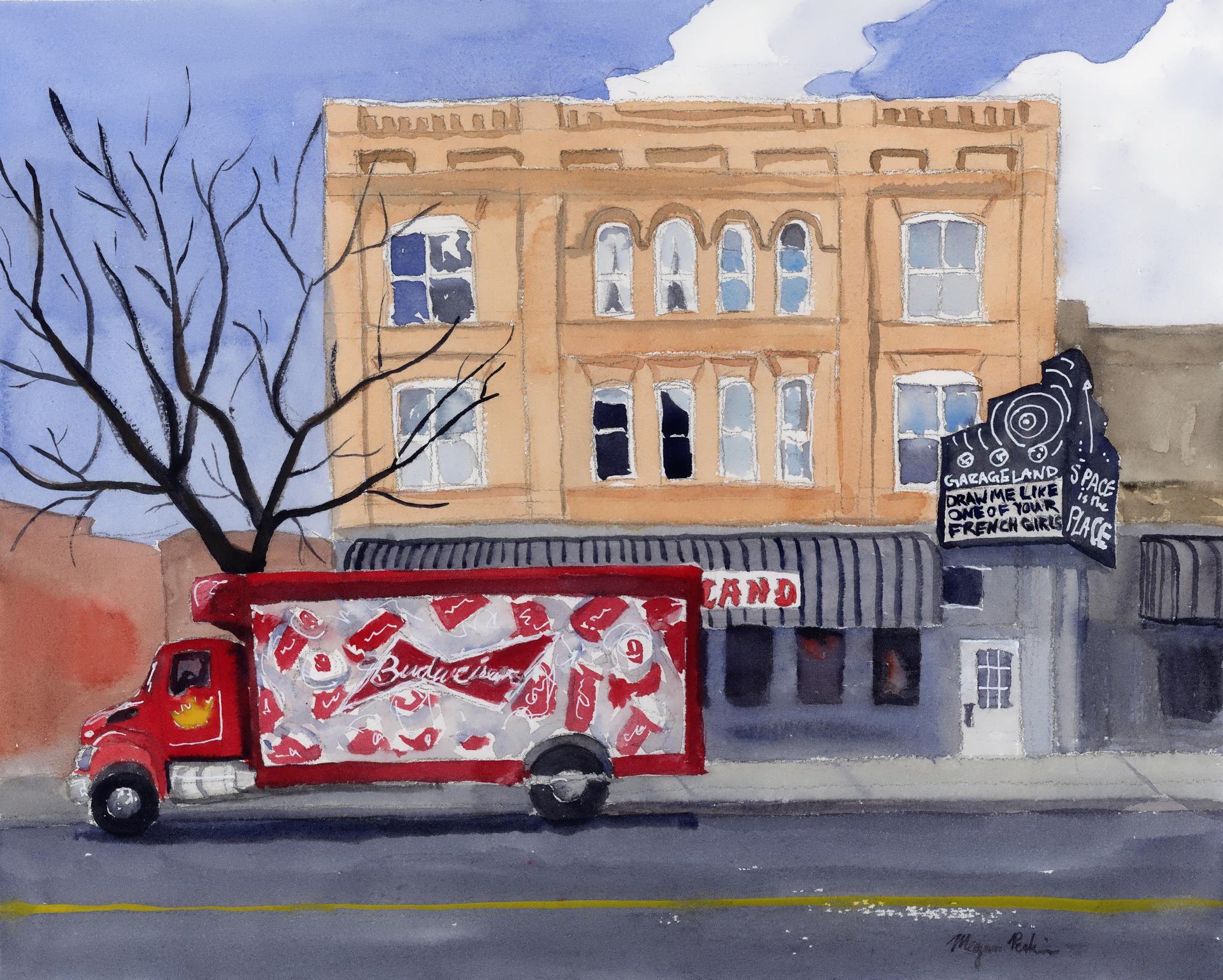 I spotted this scene back in February while walking around downtown. I just love Garageland’s sign-how could I not paint it after that? And the Budweiser truck adds a great pop of color to a grey late winter’s day (painted in the sweltering heat of summer, imagining a chill in the air!)