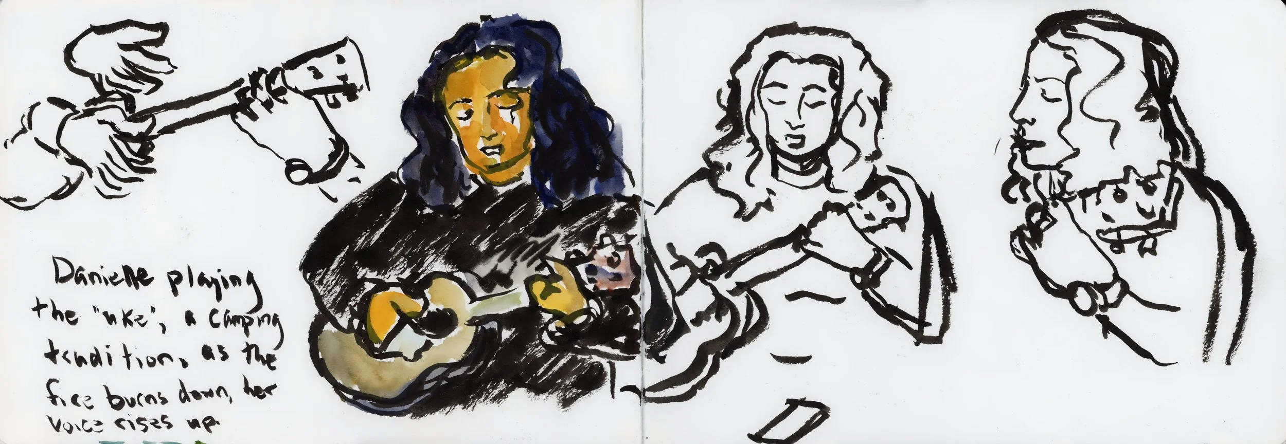 Danielle has a camping tradition of playing the ukulele and singing around the campfire after dinner (multi-talented, this friend of mine!). I painted this by the light of the dying campfire, using memory to mix colors. Her face should be much redder due to the fire, but I’m quite pleased with how it came out, especially the contrast between the warmer colors of her face and the cooler ones on her hand and uke where her phone screen light (for reading lyrics) shone up at her. Ah, the magic of camping!