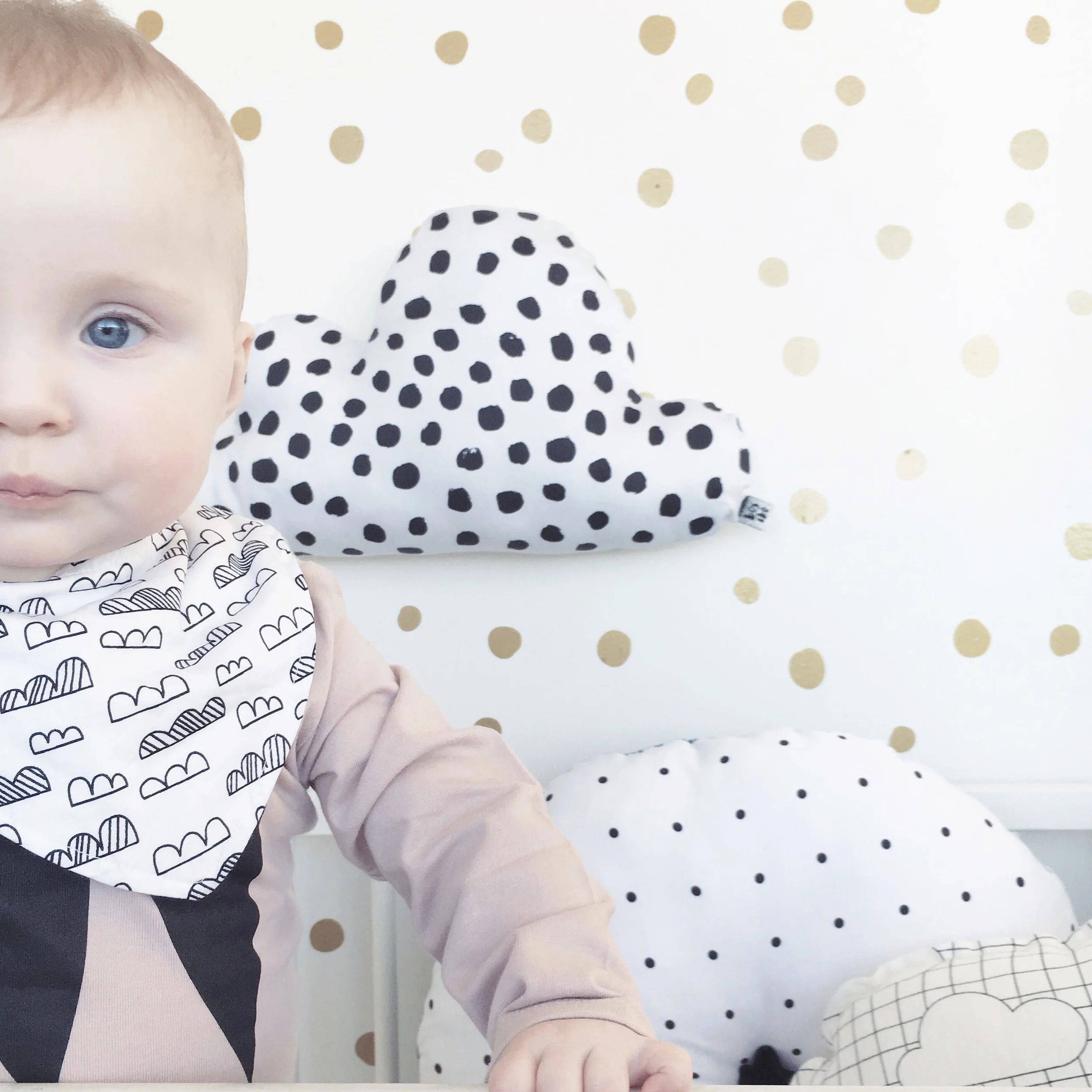 Dream Big Cloud Bib from Coopy Choo. Cloud and Spot Cushion from Bosiko.