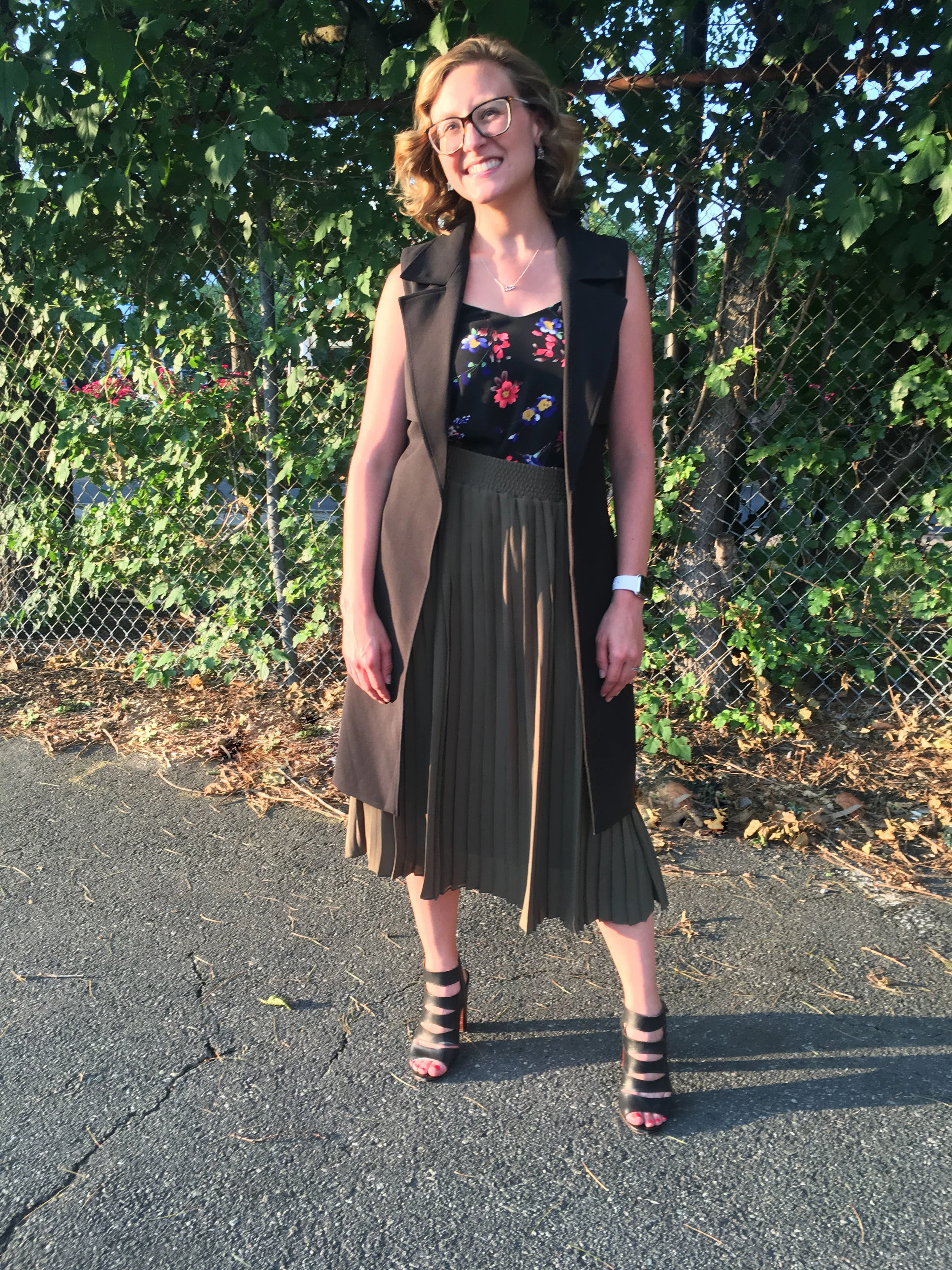 July 20: Express sleeveless trench and camisole, Who What Wear for Target pleated skirt, Splendid sandals