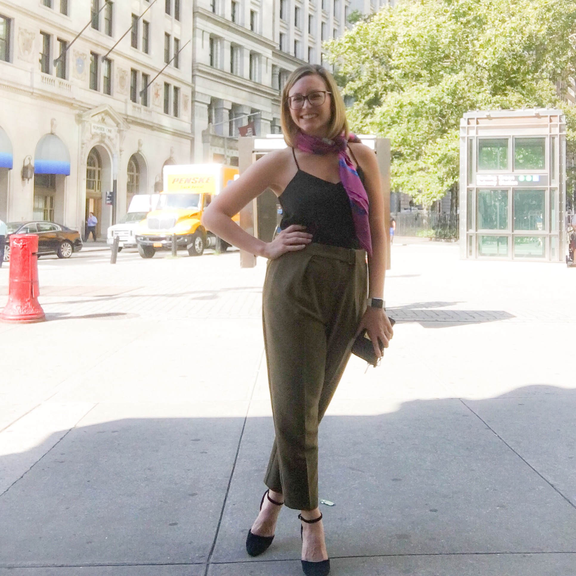 September 14: Express camisole, TopShop slacks, Hermes scarf Michael Kors anklestrap pumps