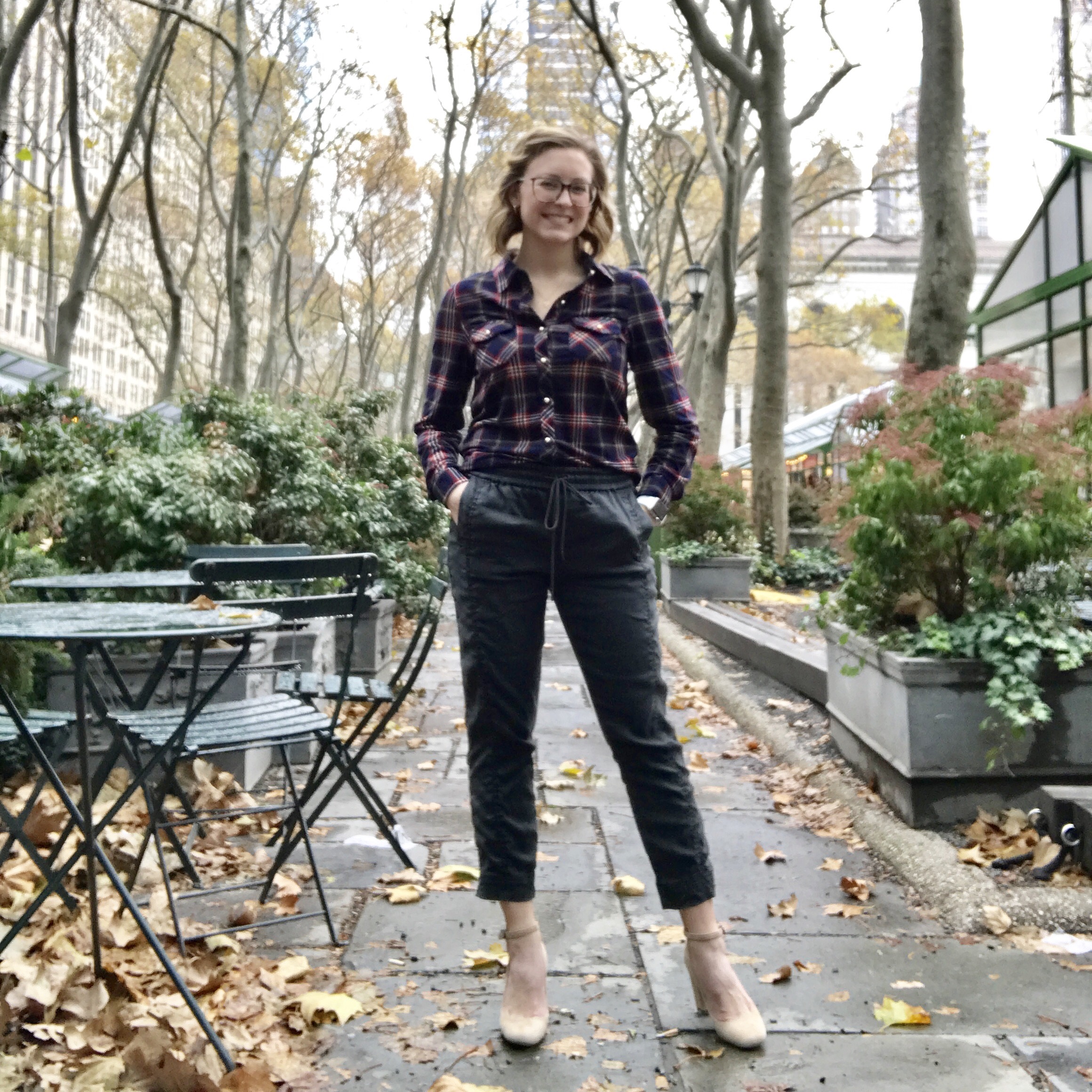 December 5: Papermoon plaid button down, Level 99 joggers, Via Spiga heels
