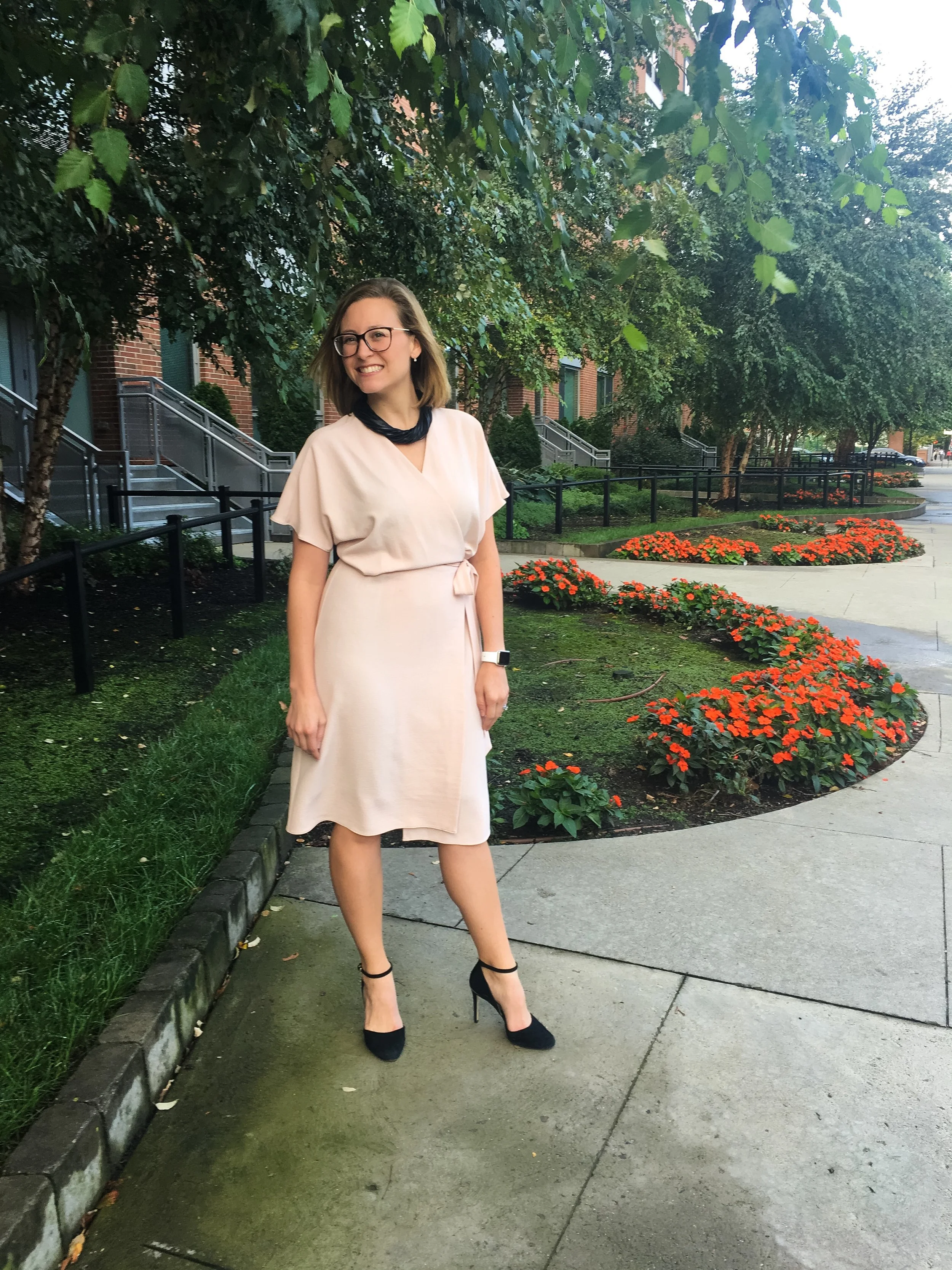 September 28: TopShop wrap dress, Banana Republic leather necklace, Michael Kors ankle-strap pumps
