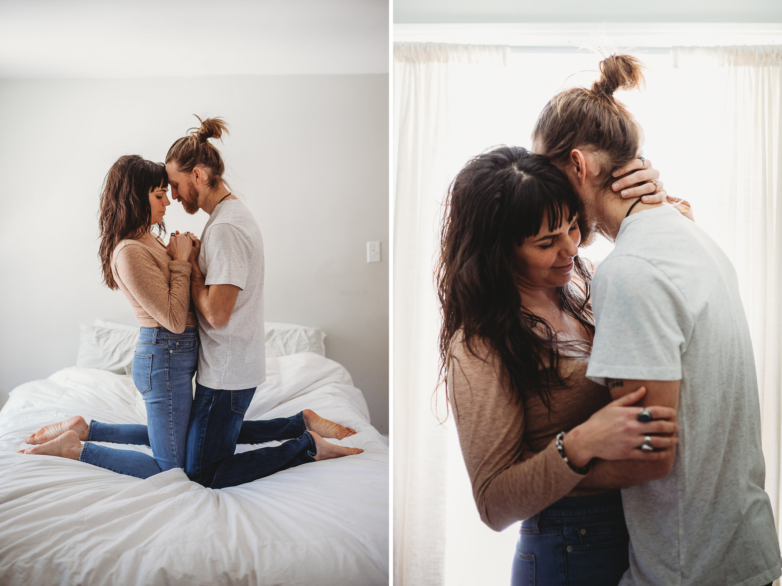 Couple kneel on bed during in-home engagement photo session by RaeEllen Photography in New Hampshire