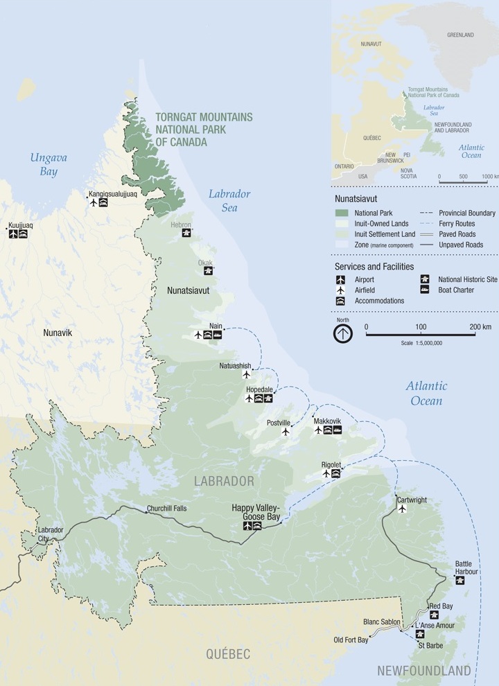 Map of Nunatsiavut, including the milk-run flight path.  Source: http://www.pc.gc.ca/eng/pn-np/nl/torngats/visit/cartes-maps/1a.aspx