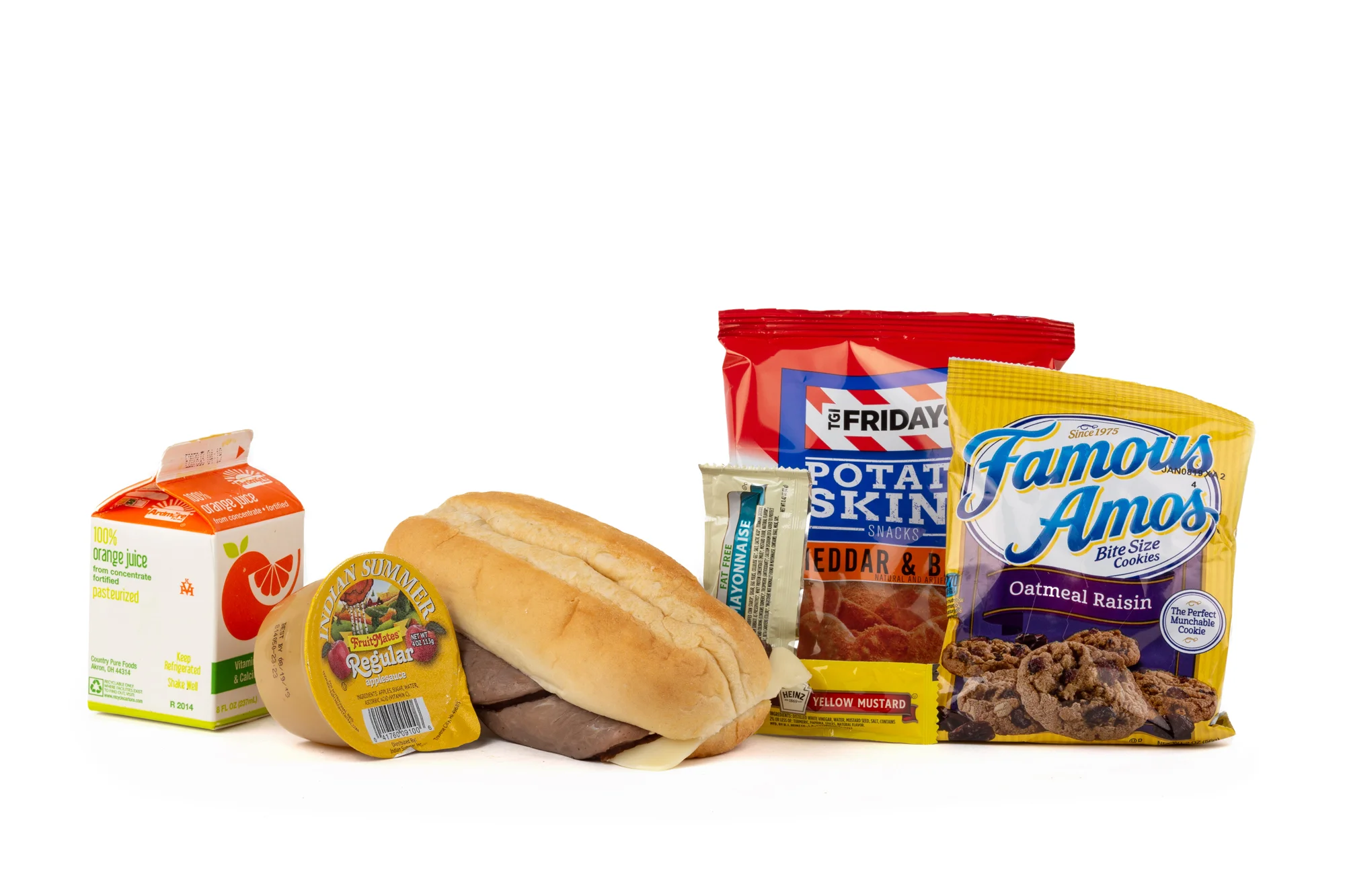 FK05 - Roast Beef Swiss Sandwich - Frozen Sandwich - Roast Beef Swiss on Sub Bun Chip Potato TGIF Cheddar Bacon Applesauce Original Frozen Orange Juice Oatmeal Raisin Cookie Mayonnaise Packet Fatfree Dressing Mustard Packet Candy Mint Starlight Spearmint