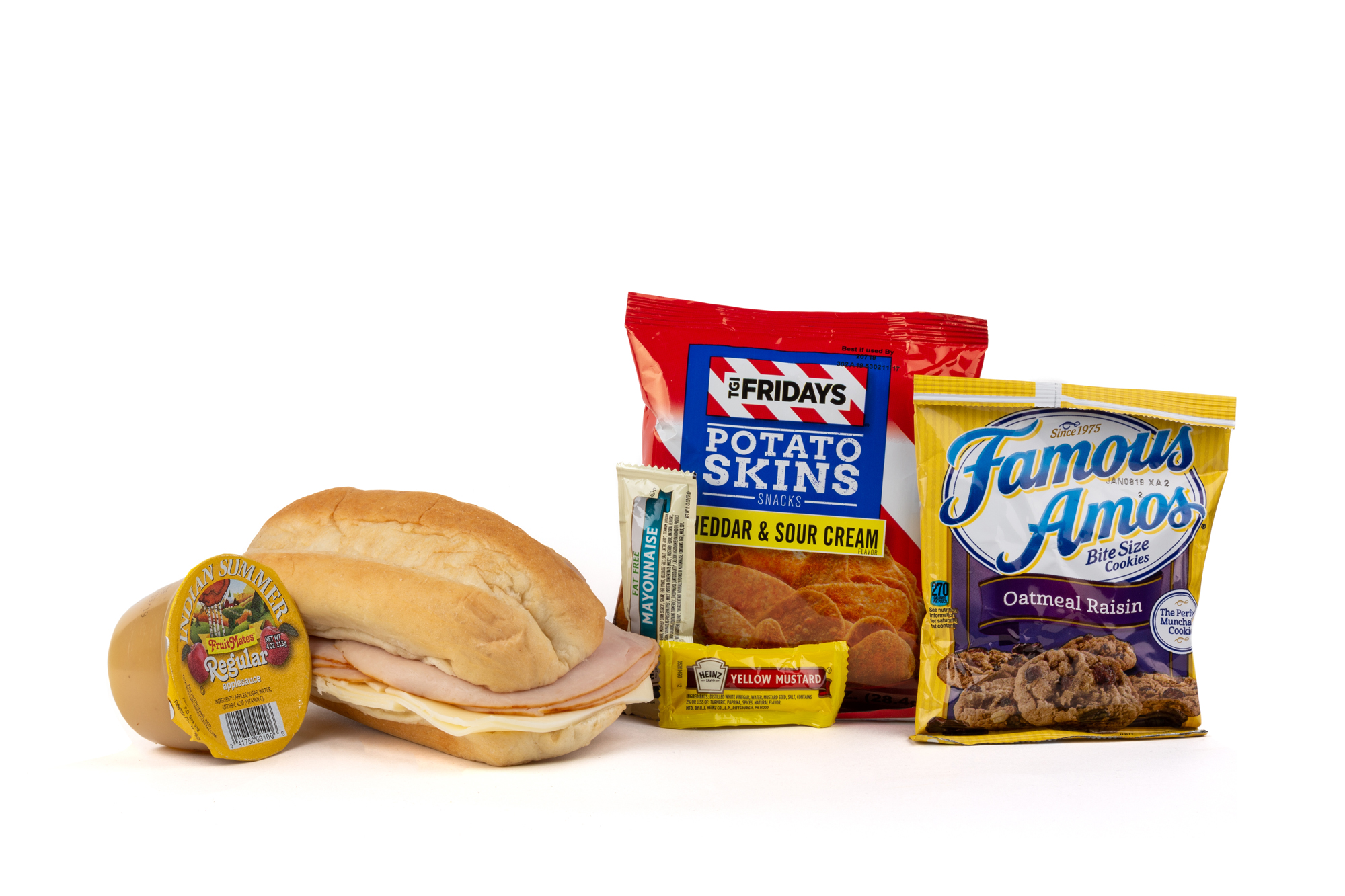 FK02ND - Turkey/Swiss Sandwich - Frozen NO DRINK NAPA 894001E619563 Sandwich - Turkey/ Swiss on Sub Bun Frozen Chip Potato TGIF Cheddar Sour Cream Applesauce Original Cookie Oatmeal Raisin Famous Amos Mayonnaise Packet Fatfree Dressing Mustard Packet Candy Mint Starlight Spearmint