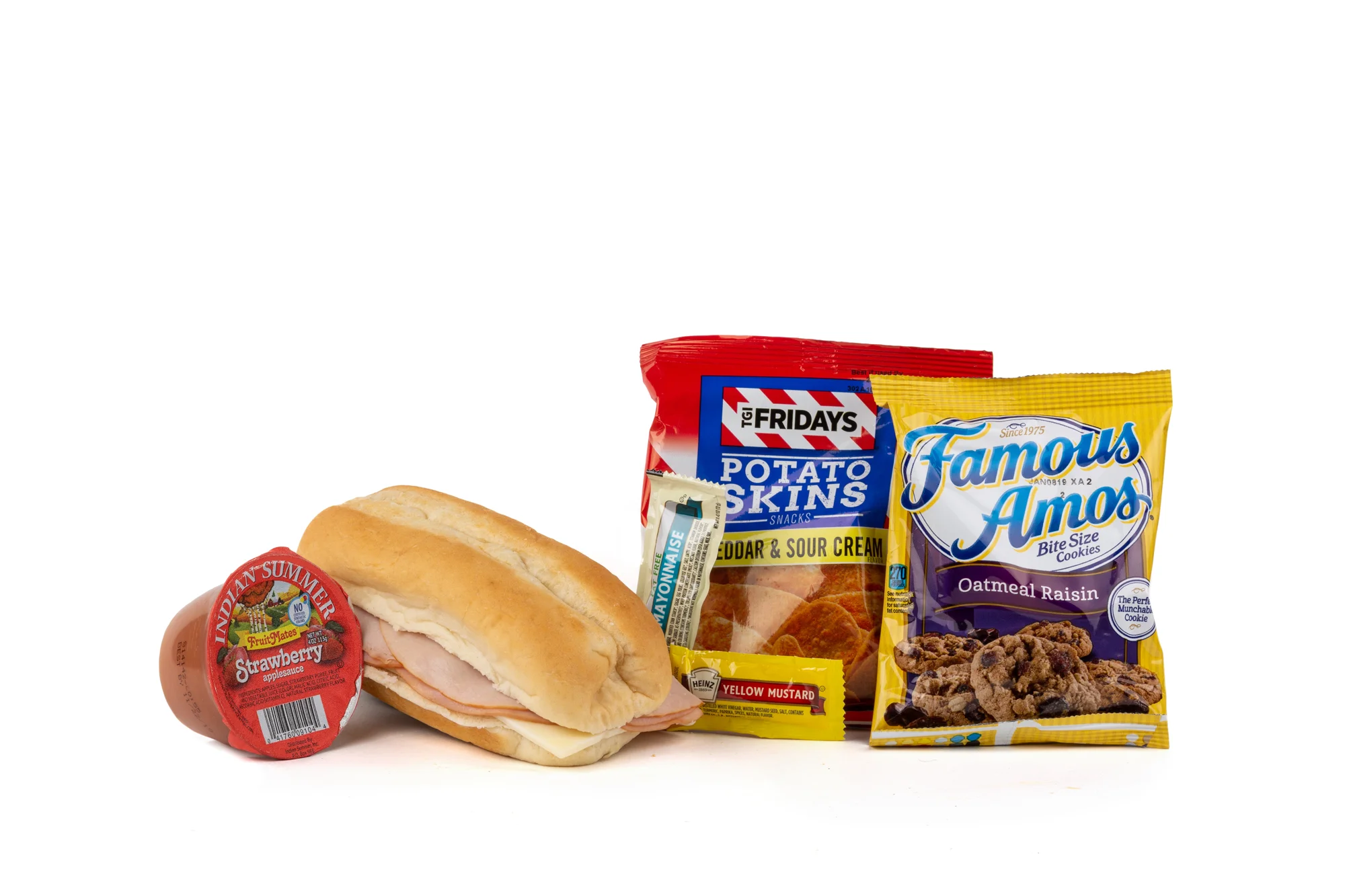 FK04ND - Turk, Ham, Swiss Sandwich - Frozen NO DRINK NAPA 894001E619562 Sandwich - Turkey, Ham, Swiss on Sub Bun Frozen Chip Potato TGIF Cheddar Sour Cream Applesauce Strawberry Cookie Oatmeal Raisin Famous Amos Mayonnaise Packet Fatfree Dressing Mustard Packet Candy Mint Starlight Spearmint