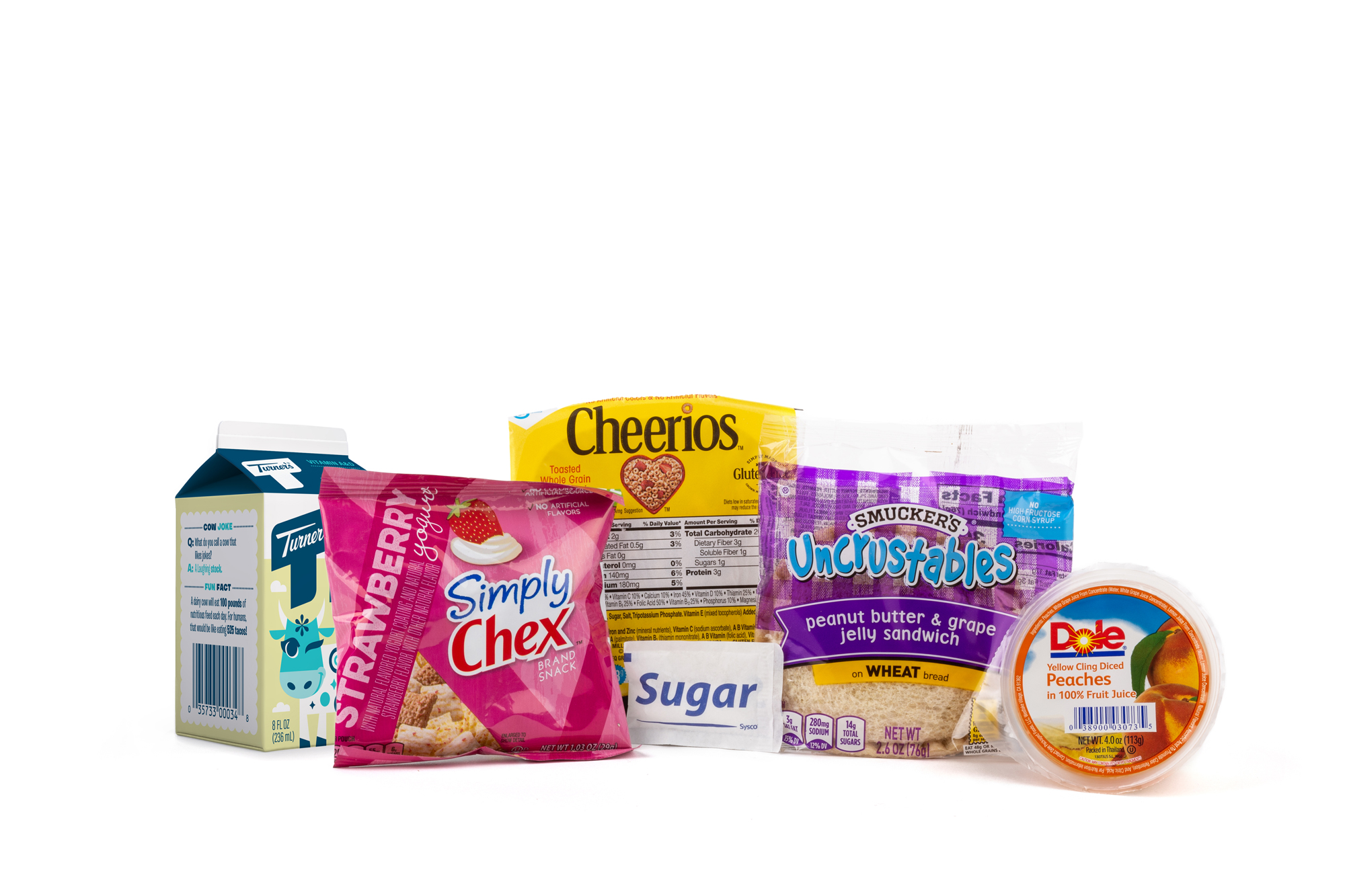 MB01- Fresh Breakfast Peanut Butter/Jelly Uncrustable Peanut Butter & Grape Jelly Sandwich Peach Cup Milk 2% Half Pint (2 Per) Cheerios Sugar Packet Chex Mix
