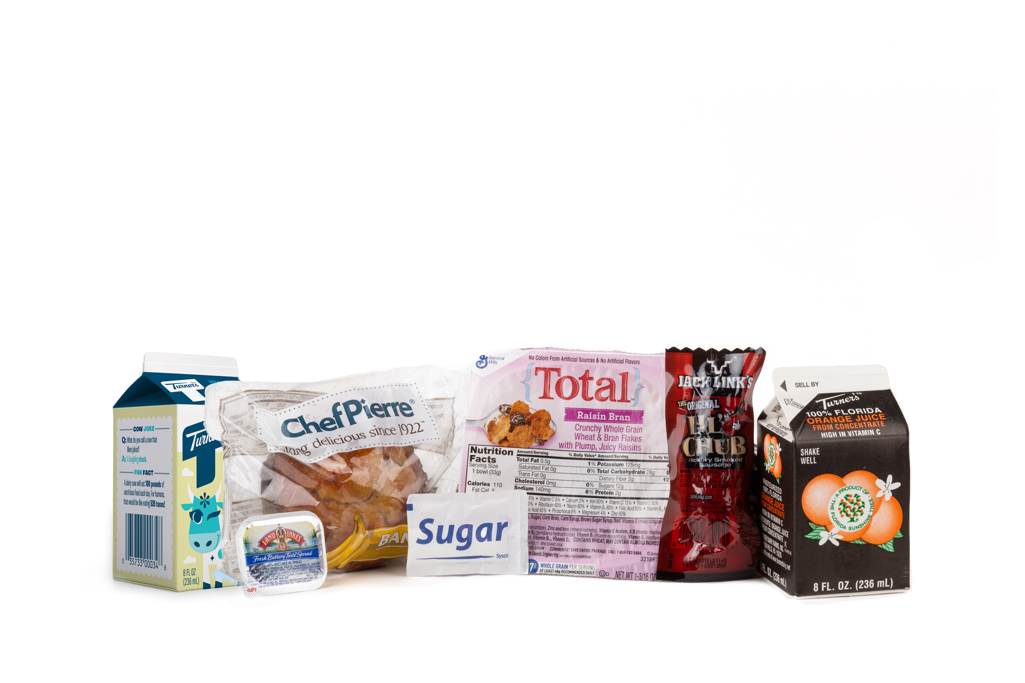 MB02 - Fresh Breakfast Muffin - Cereal Assorted Muffin Raisin Bran Sausage Chub Orange Juice Milk 2% Half Pint Sugar Packet Margarine Cup