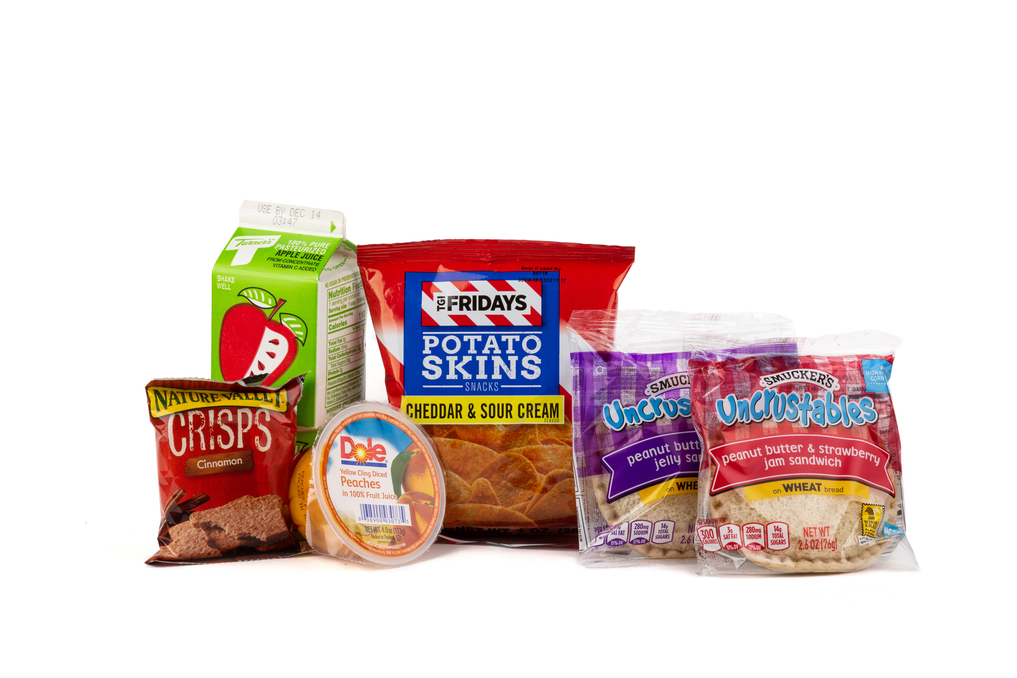 MK03 - Fresh Peanut Butter/Jelly Uncrustable Peanut Butter and Grape Jelly Sandwich Uncrustable Peanut Butter and Strawberry Jelly Sandwich TGIF Potato Chips Peach Cup Nature Valley Crisp Cinnamon Apple Juice