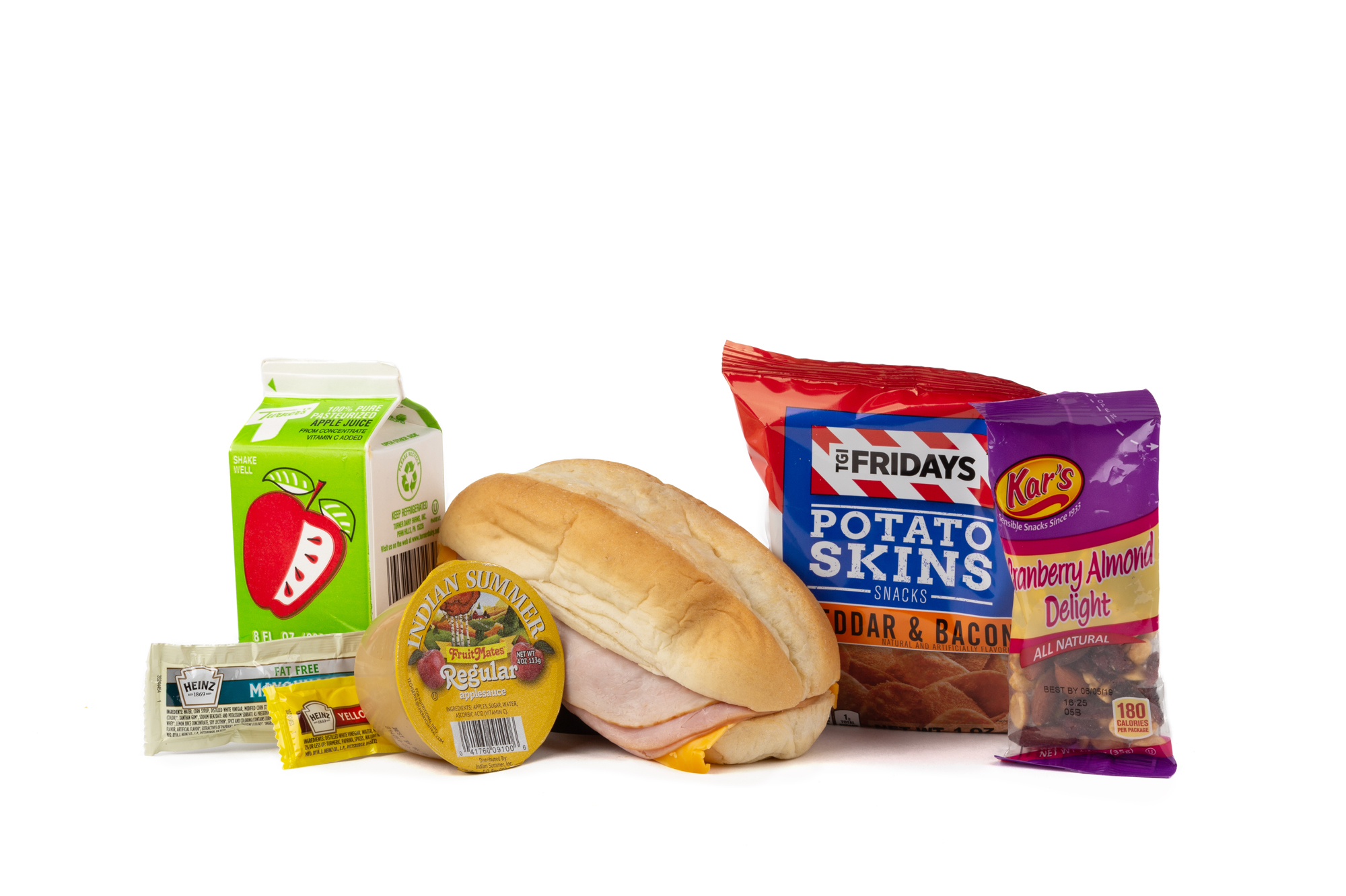 MK04 - Fresh Turk Ham Cheese Smoked Ham/ Turkey Breast/ Cheese on Hoagie Roll TGIF Potato Chips Applesauce Cup Trail Mix Cranberry Almond Delight Mustard Packet Mayonnaise Packet Fat Free Apple Juice
