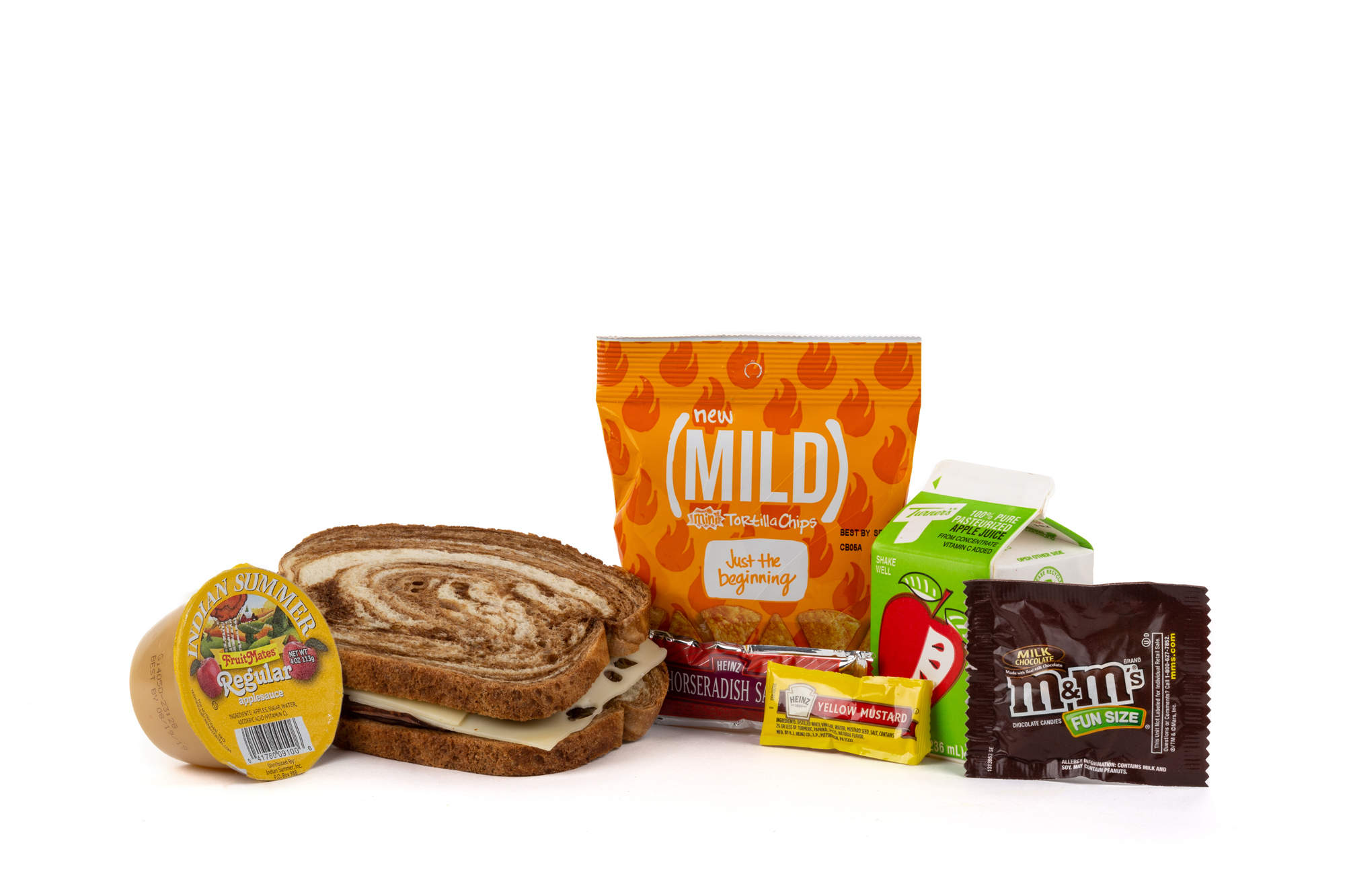 MK07 - Fresh Roast Beef/Swiss Sliced Roast Beef/Swiss Cheese on Marble Rye Chip Tortilla Taco Bell Mild Applesauce Cup Horseradish Sauce Packet Mustard Packet M&M’s Plain Apple Juice