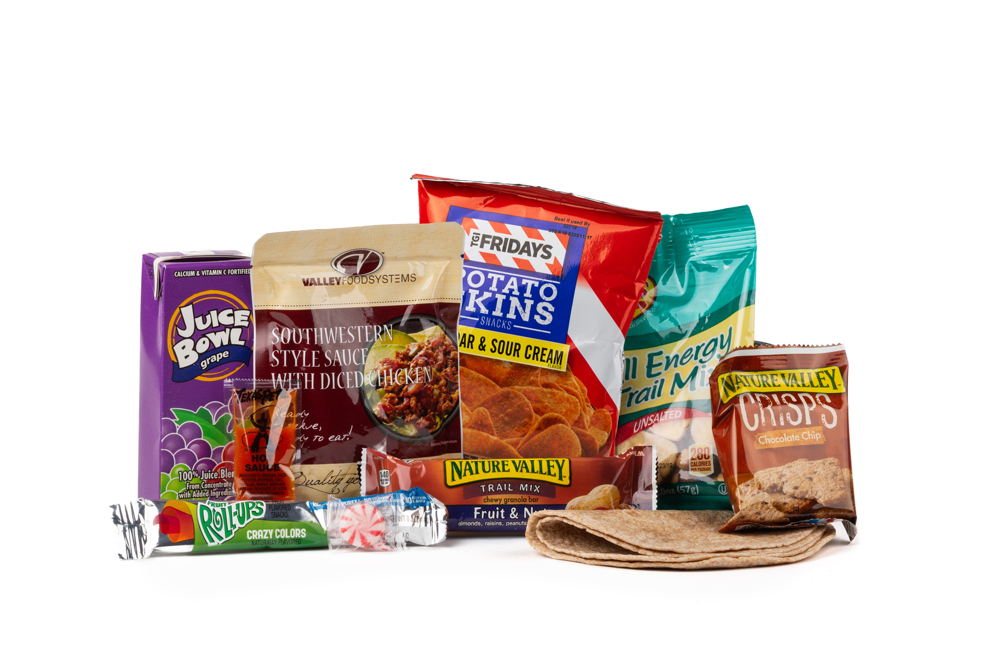 HSS57 - Shelf Stable Southwest Chicken NAPA 897001E625899 Southwest Diced Chicken Pouch 4oz Tortilla Whole Wheat (2 Per) Potato Chip TGIF Trail Mix All Energy Fruit Roll Up Crazy Color Granola Bar Fruit Nut Nature Valley Crisp Choc Chip Hot Sauce Packet Grape Juice Candy Mint Starlight Spearmint