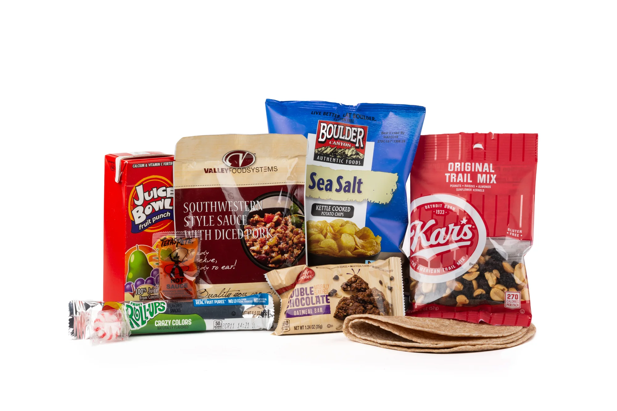 HSS58 - Shelf Stable Southwest Pork NAPA 897001E625900 Southwest Style Diced Pork Pouch 4oz Tortilla Whole Wheat (2 Per) Chip Potato Bag Boulder Canyon w/Sea Salt Trail Mix Original Fruit Roll Up Crazy Color Bar Double Chocolate Oatmeal Sauce Hot Packet Fruit Punch Juice Candy Mint Starlight Spearmint