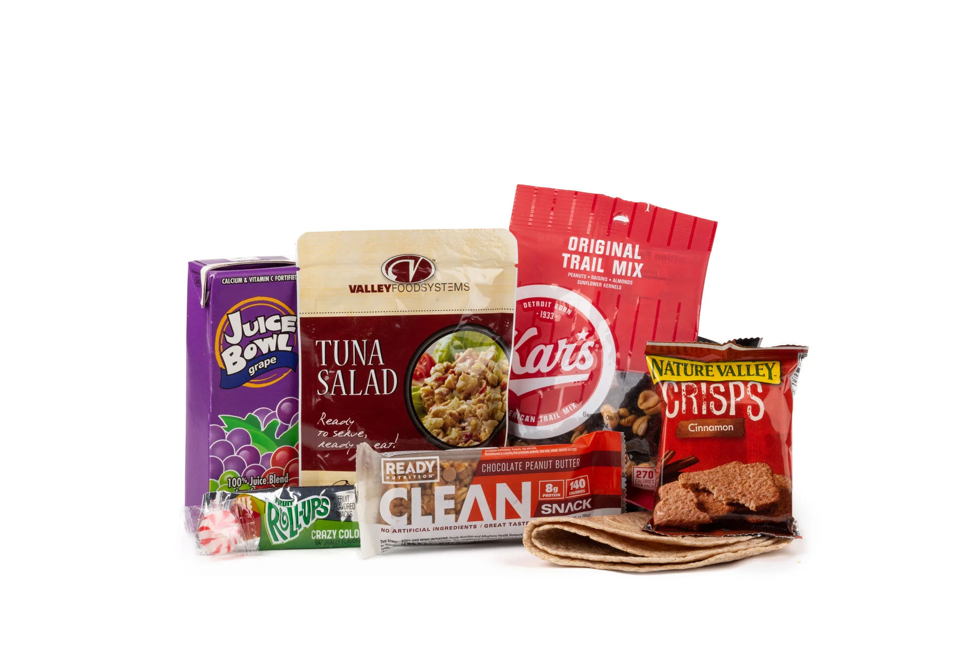 HSS60 - Shelf Stable Tuna Salad NAPA 897001E625902 Tuna Salad Pouch 4 oz Tortilla Whole Wheat (2 Per) Trail Mix Original Nature Valley Crisp Cinnamon Bar Choc Peanut Butter Snack Fruit Roll Up Crazy Color Grape Juice Candy Mint Starlight Spearmint
