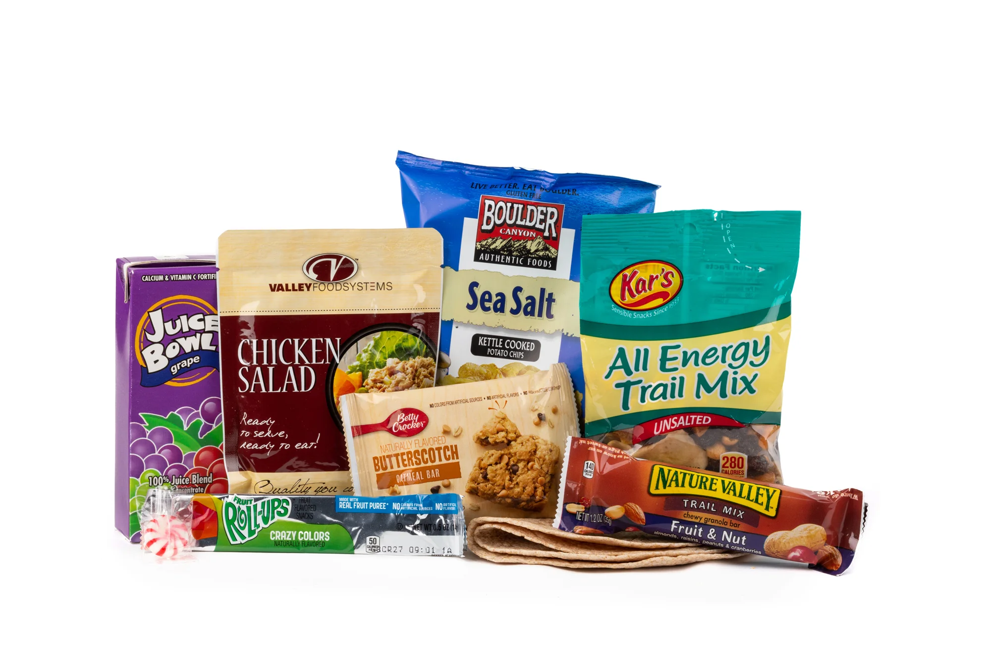 HSS61 - Shelf Stable Chicken Salad NAPA 897001E625903 Chicken Salad Pouch 4 oz Tortilla Whole Wheat (2 Per) Chip Potato Bag Boulder Canyon w/Sea Salt Trail Mix All Energy Bar Butterscotch Oatmeal Granola Bar Fruit Nut Fruit Roll Up Crazy Color Grape Juice Candy Mint Starlight Spearmint