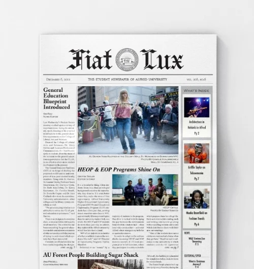 Redesigned layout for century-old Fiat Lux, the newspaper for Alfred University. 