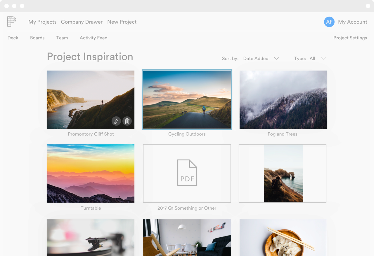 Project boards become a war room, a place to keep important documents, a repository for images, assets and other work. Since our brains work faster with visuals, we’ve designed Sky so that finding things are through a visual lens.