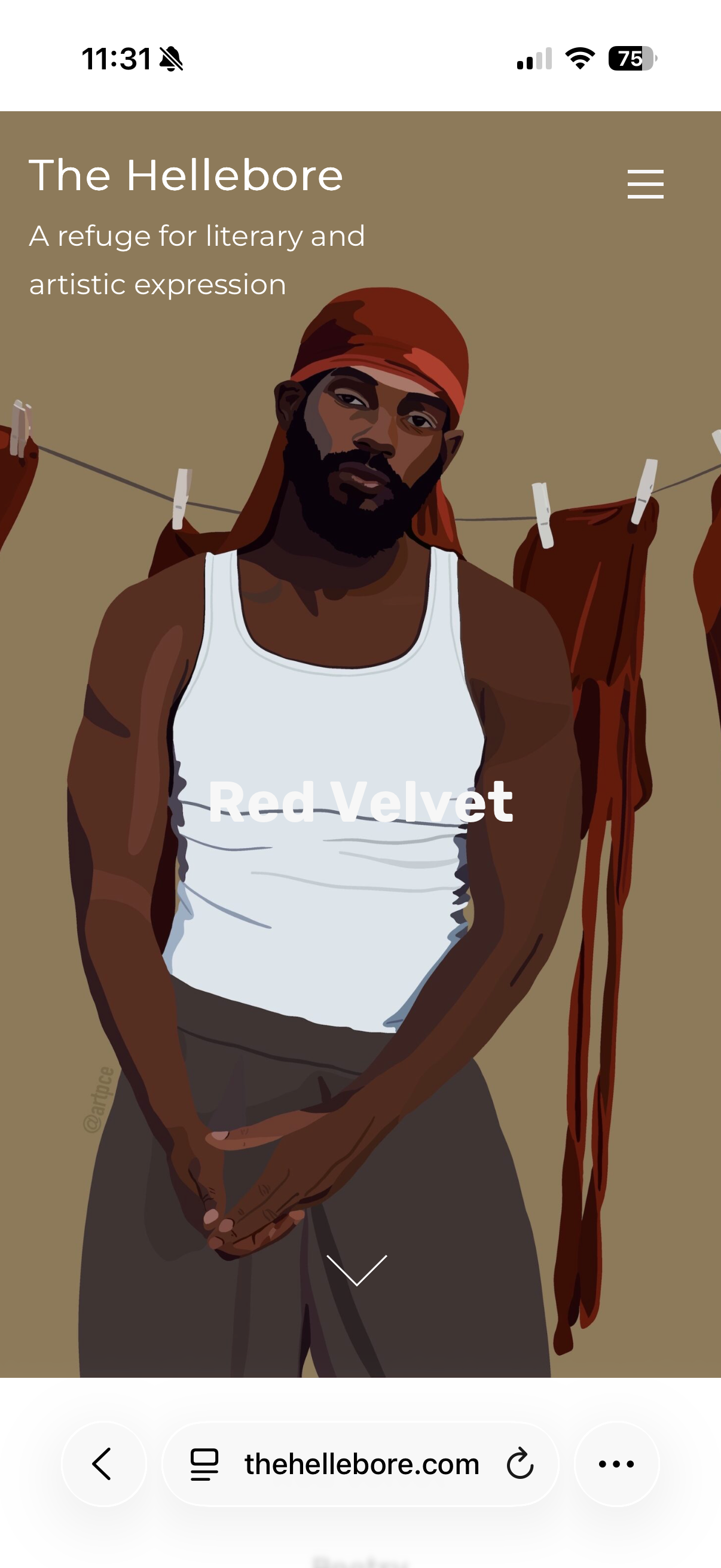 Red velvet issue shows a brown skinned masculine presenting person with a red durag, white undershirt and dark brown pants with a lighter brown background