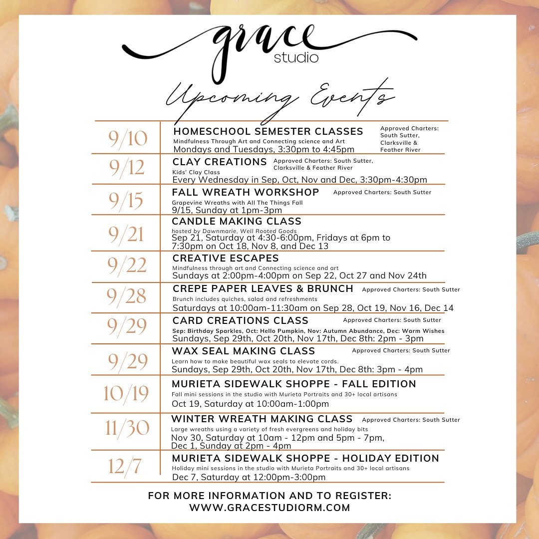 Get Ready for a Creative Fall at Grace Studio!

We&rsquo;re bursting with excitement as we roll out a series of fantastic events and workshops designed to spark your creativity, bring our community together, and make learning a blast!

🍂 **Wreath-Ma