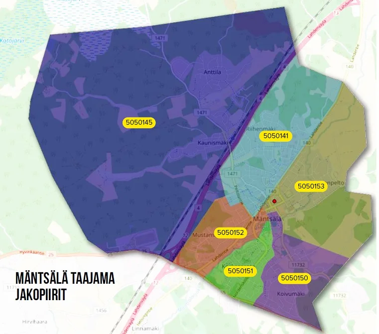 Lehtien jättöpaikka Karhuraitti 10 on merkitty karttaan punaisella pisteellä.