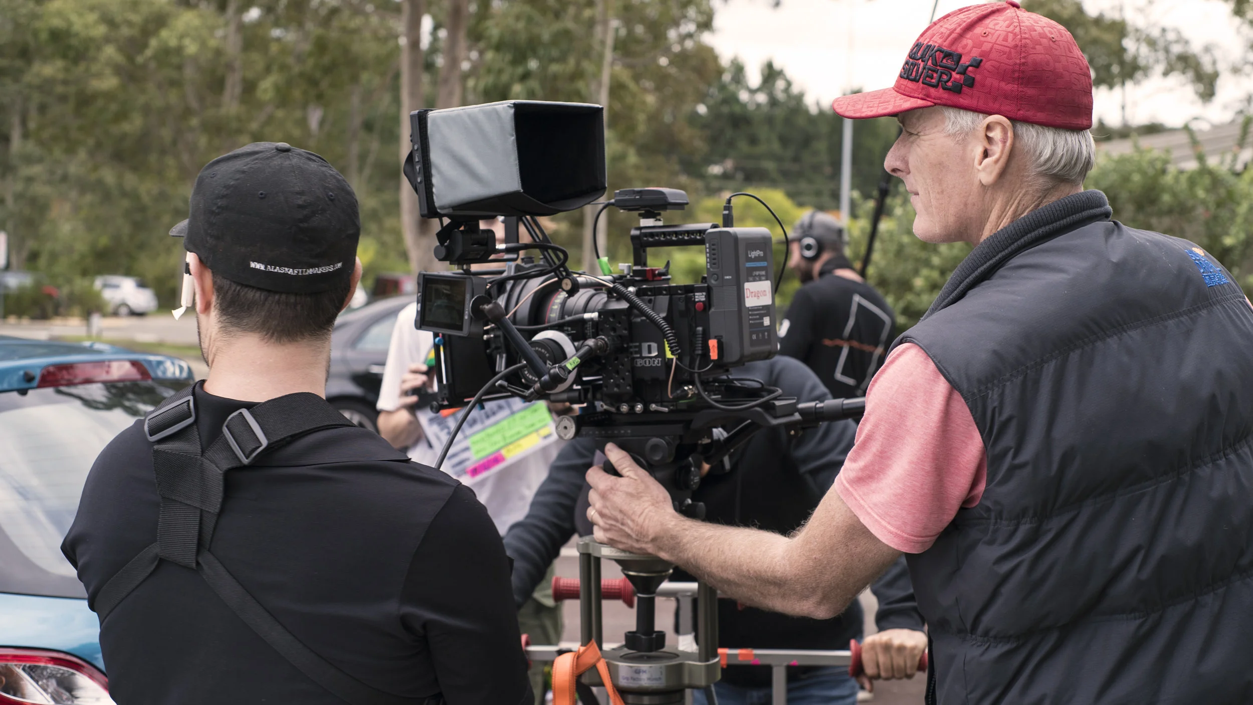 Our DOP (Director Of Photography) Mick Eady prepares to shoot, with his 1st AC Jamin (Assistant Camera Operator). Mick worked closely with our director Angus to ensure they got the same overall look & feel of the film as well as doing what he does best 'Quality Pictures'. 