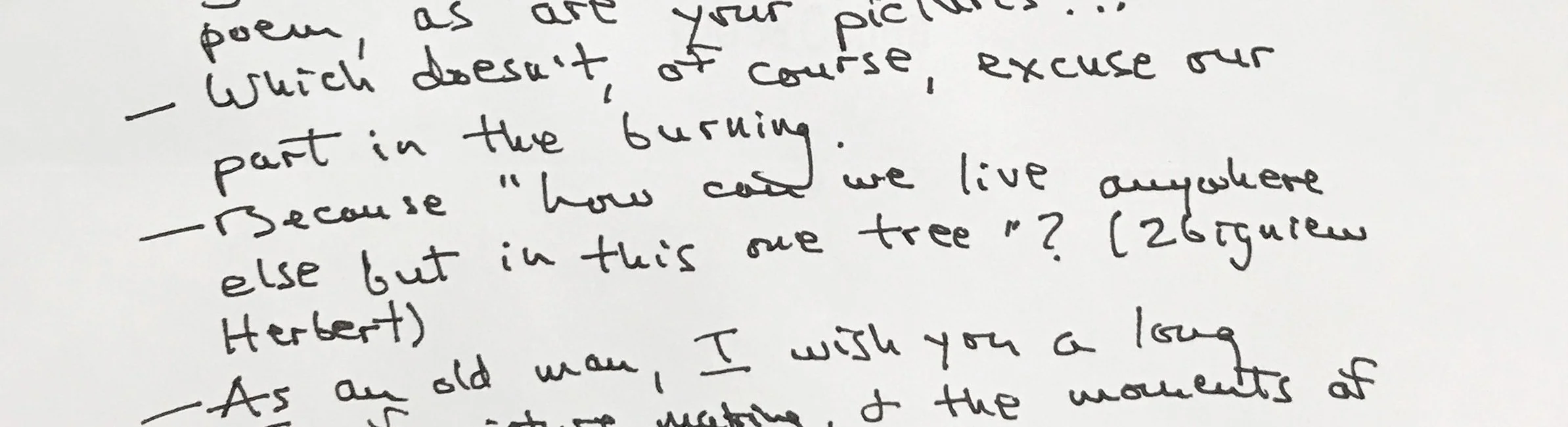 Cropped handwritten letter from Robert Adams to Alan McFetridge, including the line, “How can we live anywhere else but in this one tree?”