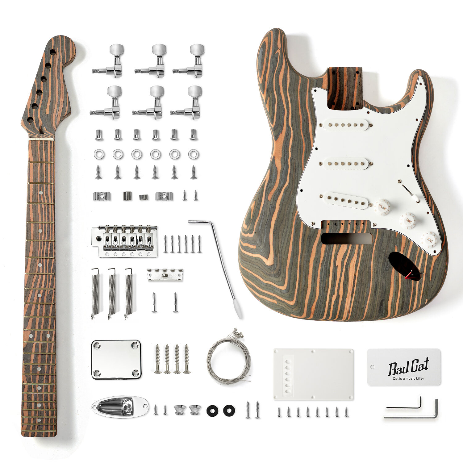 NEW SOLID ALL ZEBRA-WOOD ST STYLE 6 STRINGS ELECTRIC GUITAR BUILDER KIT —  BAD CAT INSTRUMENTS