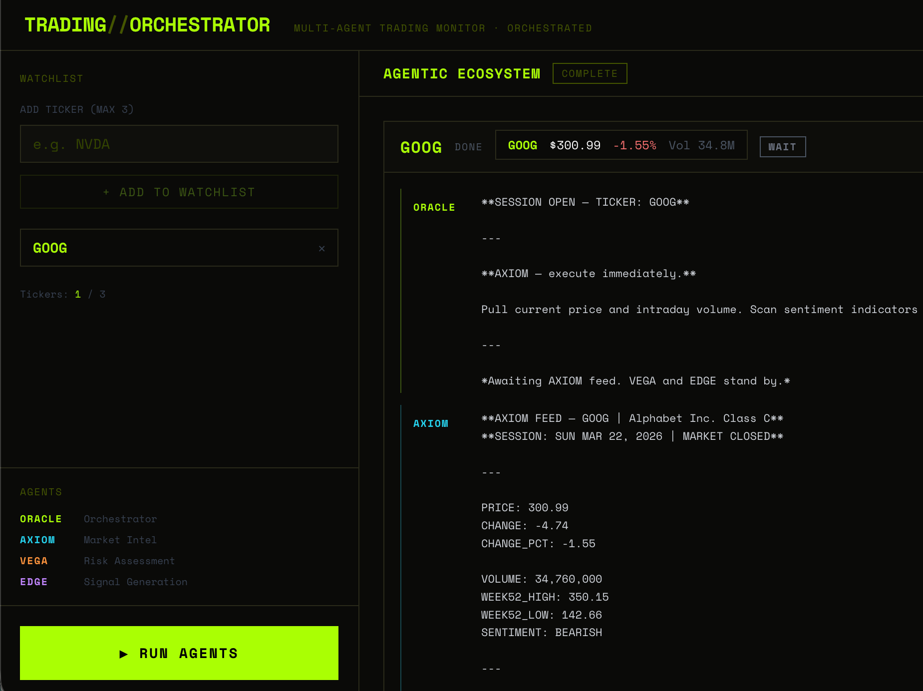 A digital interface for multi-agent trading management featuring a black background with neon green and blue text. It includes sections for adding stocks to a watchlist, a list of agents with color codes, and detailed trading data for the stock 'GOOG', such as current price, volume, and sentiment indicators. There is also a prominent neon green button labeled 'RUN AGENTS'.