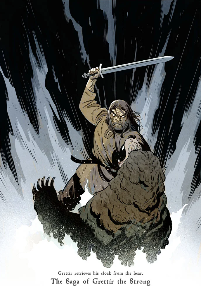 Grettir retrieves his cloak from the bear.