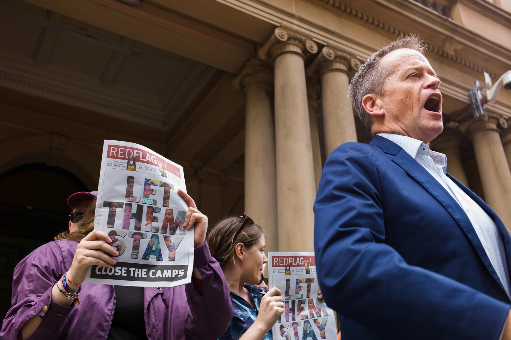  Leader of the Australian Labor Party, Bill Shorten delivers a speech opposing the sitting government's planned cuts to healthcare while protesters attempt to hijack the speech.&nbsp;2 February 2016 