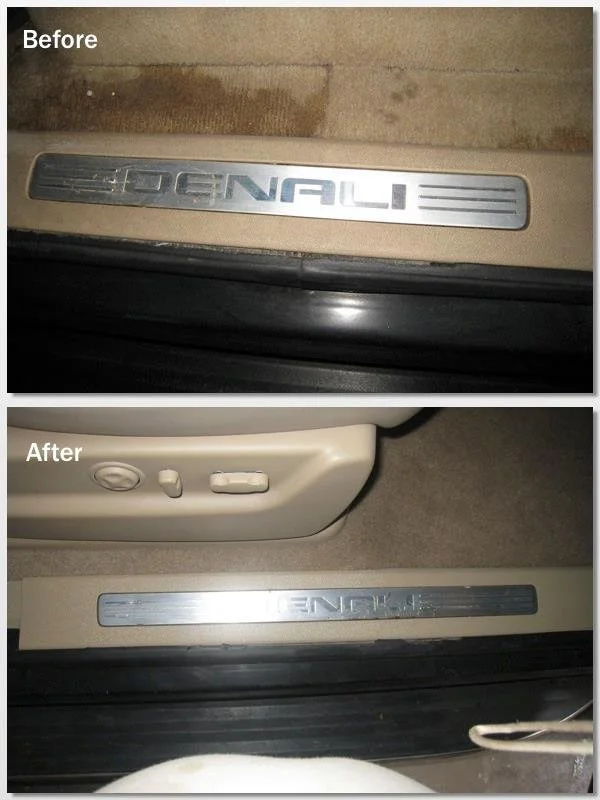 Before and After image of damaged flooring and fabric in Denali Automobile.