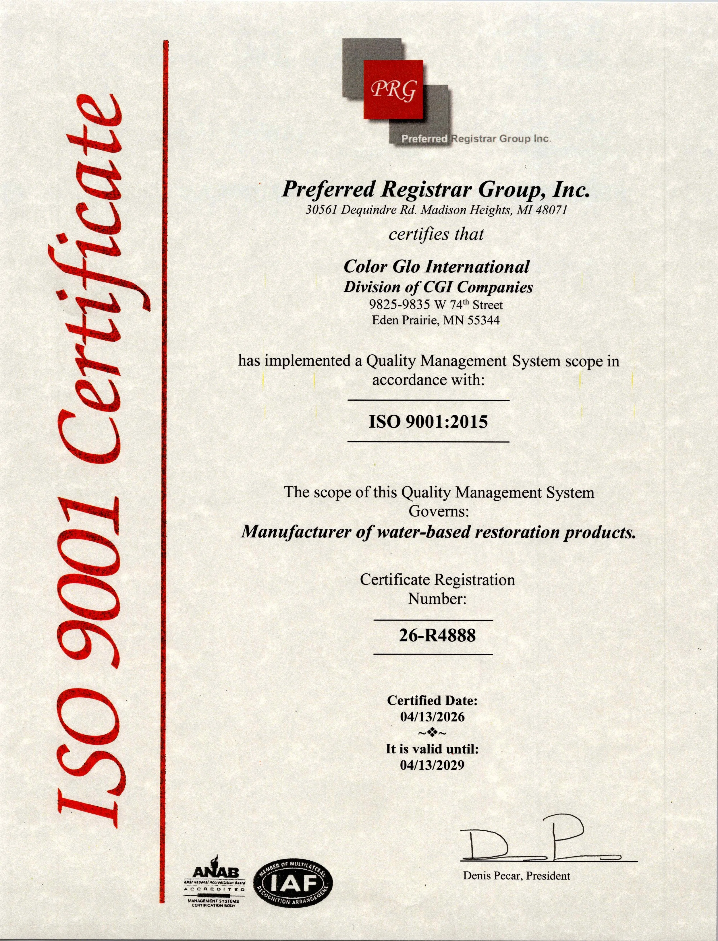 Color Glo International ISO Certification, 2026